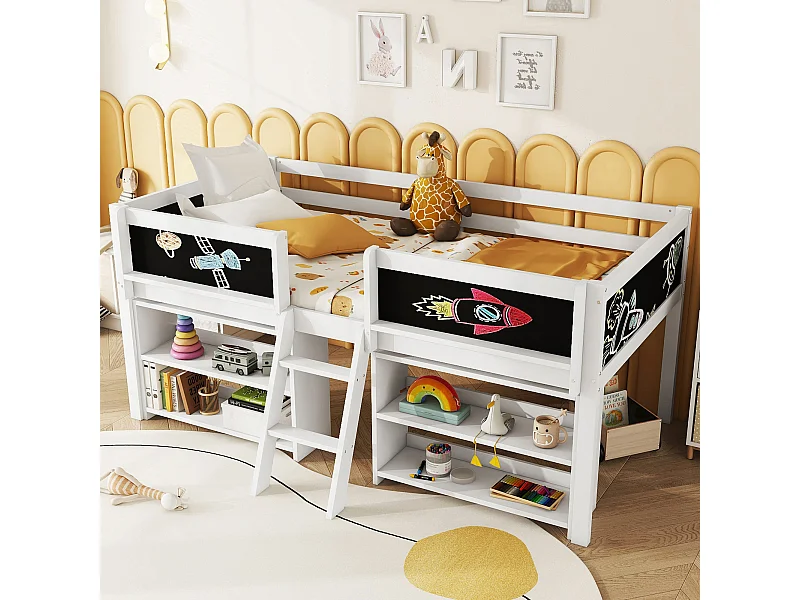 Lit mi-hauteur 90x200 cm blanc en pin, avec échelle, garde-corps et étagères de rangement, style minimaliste