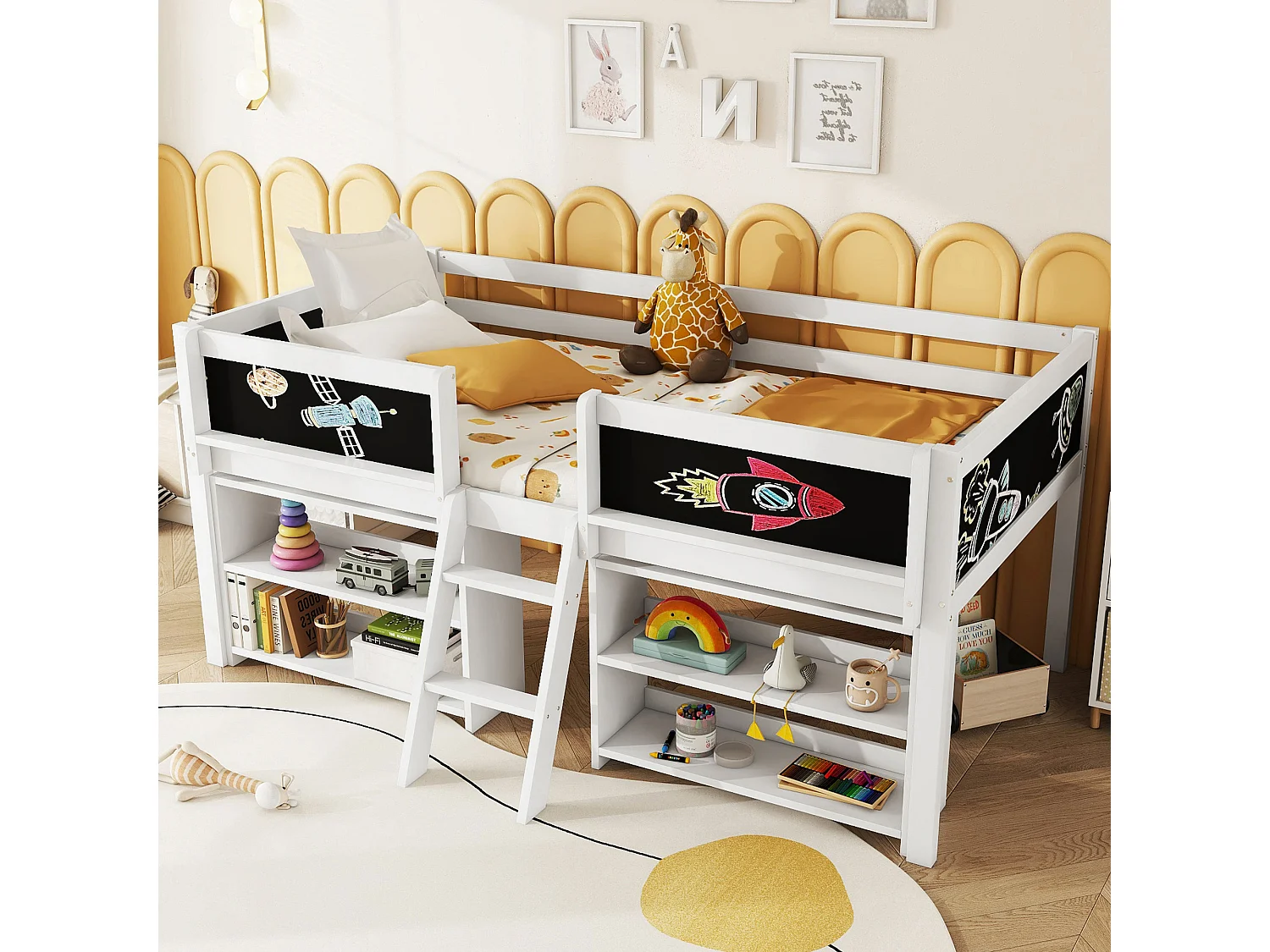 Halfhoog bed 90x200 cm wit in grenen, met ladder, leuning en opbergrekken, minimalistische stijl