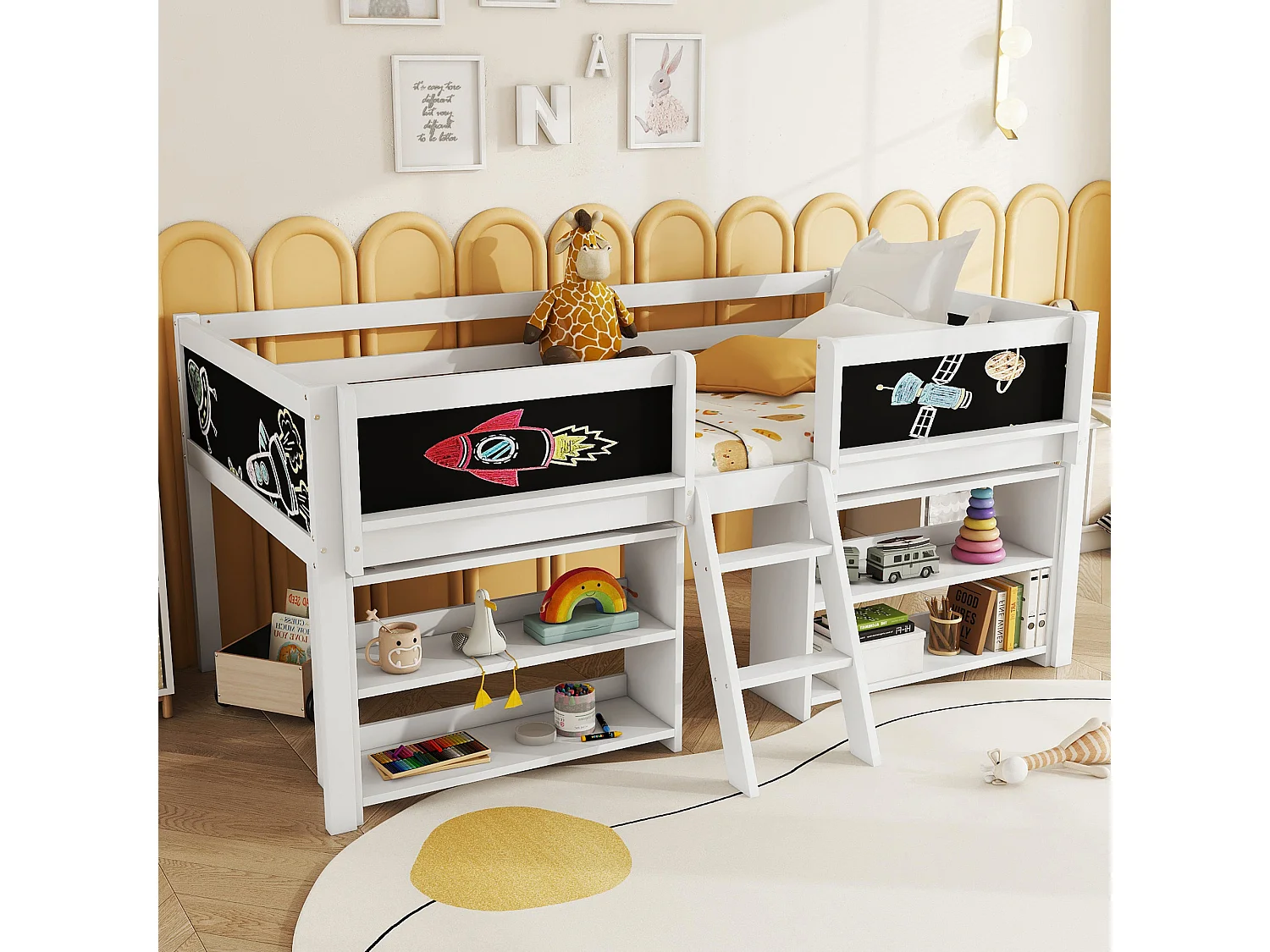 Halfhoog bed 90x200 cm wit in grenen, met ladder, leuning en opbergrekken, minimalistische stijl