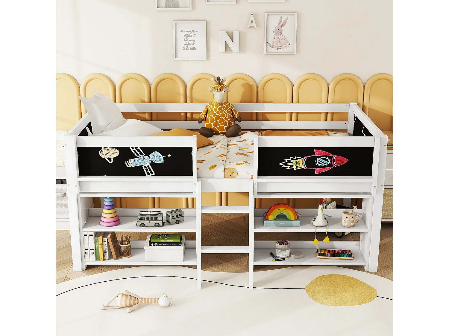 Halfhoog bed 90x200 cm wit in grenen, met ladder, leuning en opbergrekken, minimalistische stijl