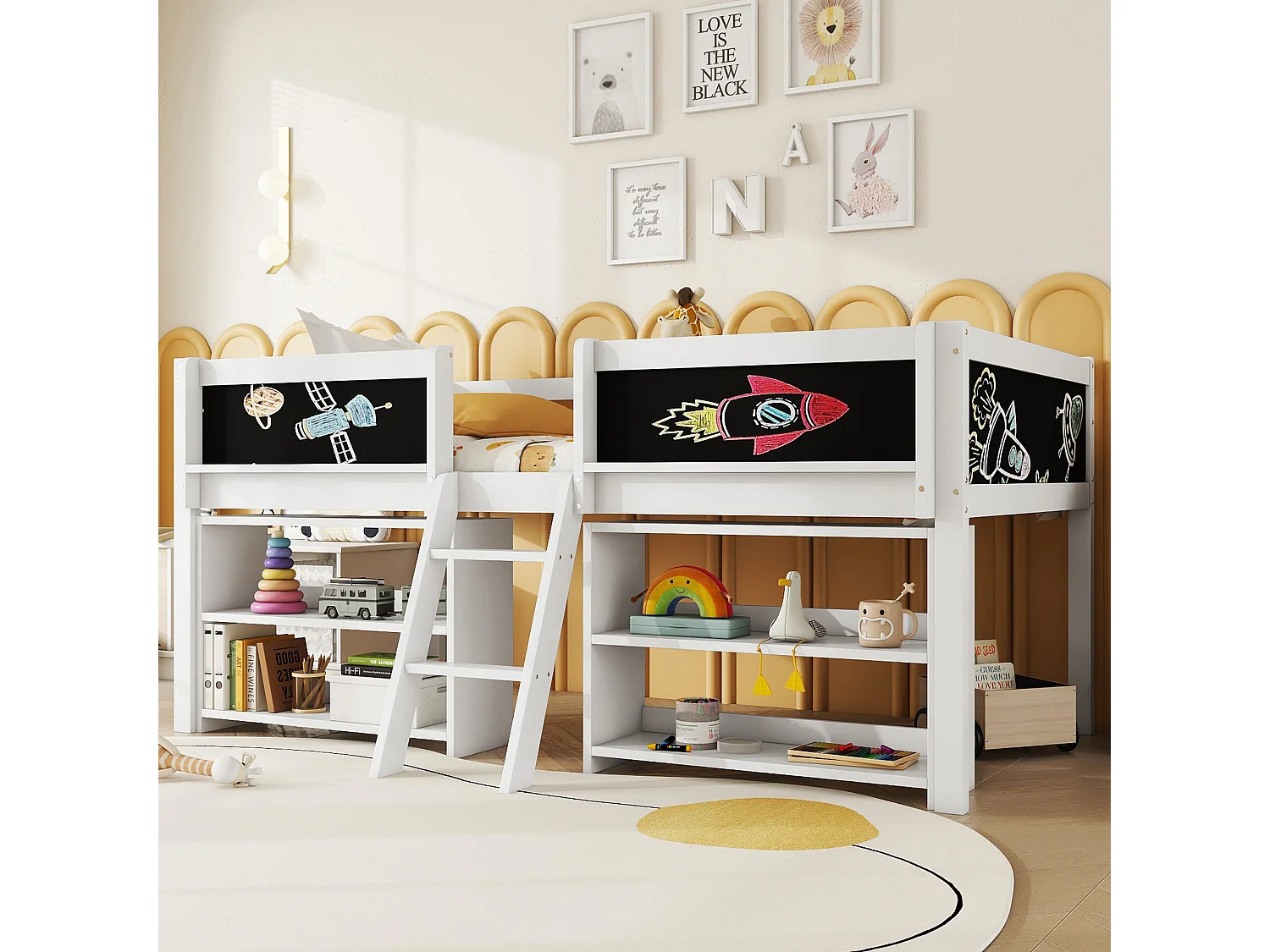Halfhoog bed 90x200 cm wit in grenen, met ladder, leuning en opbergrekken, minimalistische stijl