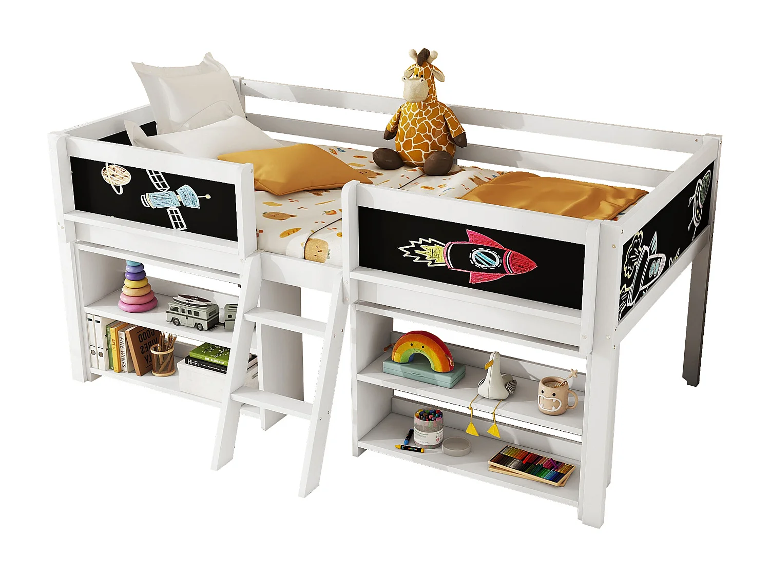 Halfhoog bed 90x200 cm wit in grenen, met ladder, leuning en opbergrekken, minimalistische stijl