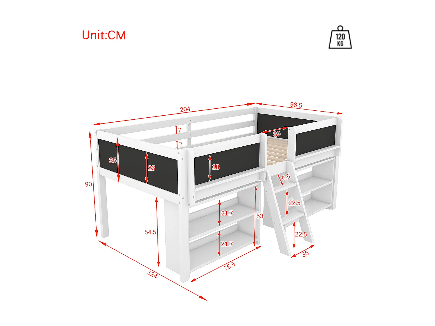 Halfhoog bed 90x200 cm wit in grenen, met ladder, leuning en opbergrekken, minimalistische stijl