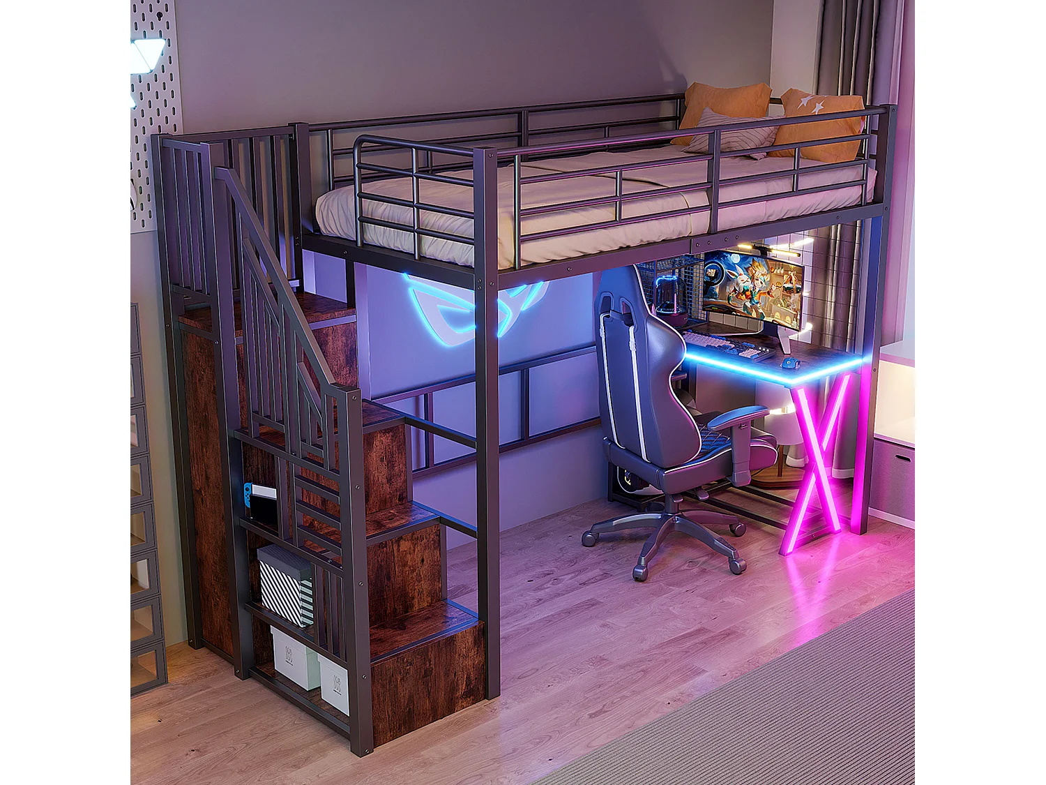 Lit mezzanine 90x200 cm en métal noir, avec LED, bureau, armoire, étagères et échelle intégrée