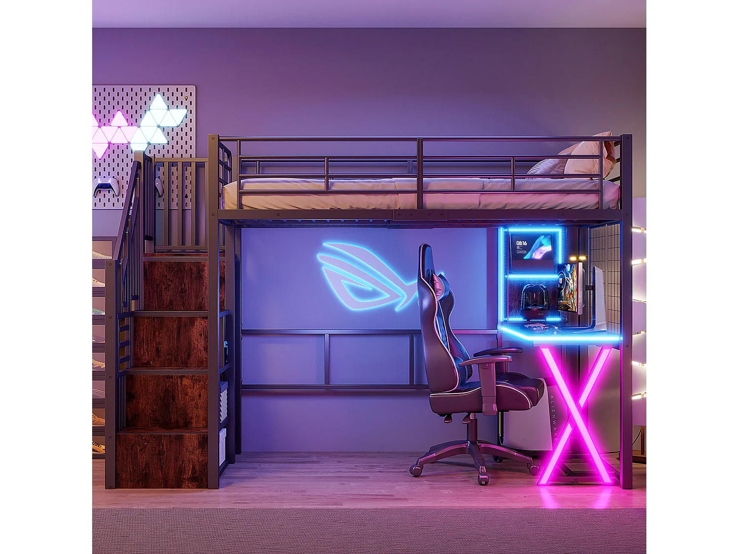 Lit mezzanine 90x200 cm en métal noir, avec LED, bureau, armoire, étagères et échelle intégrée