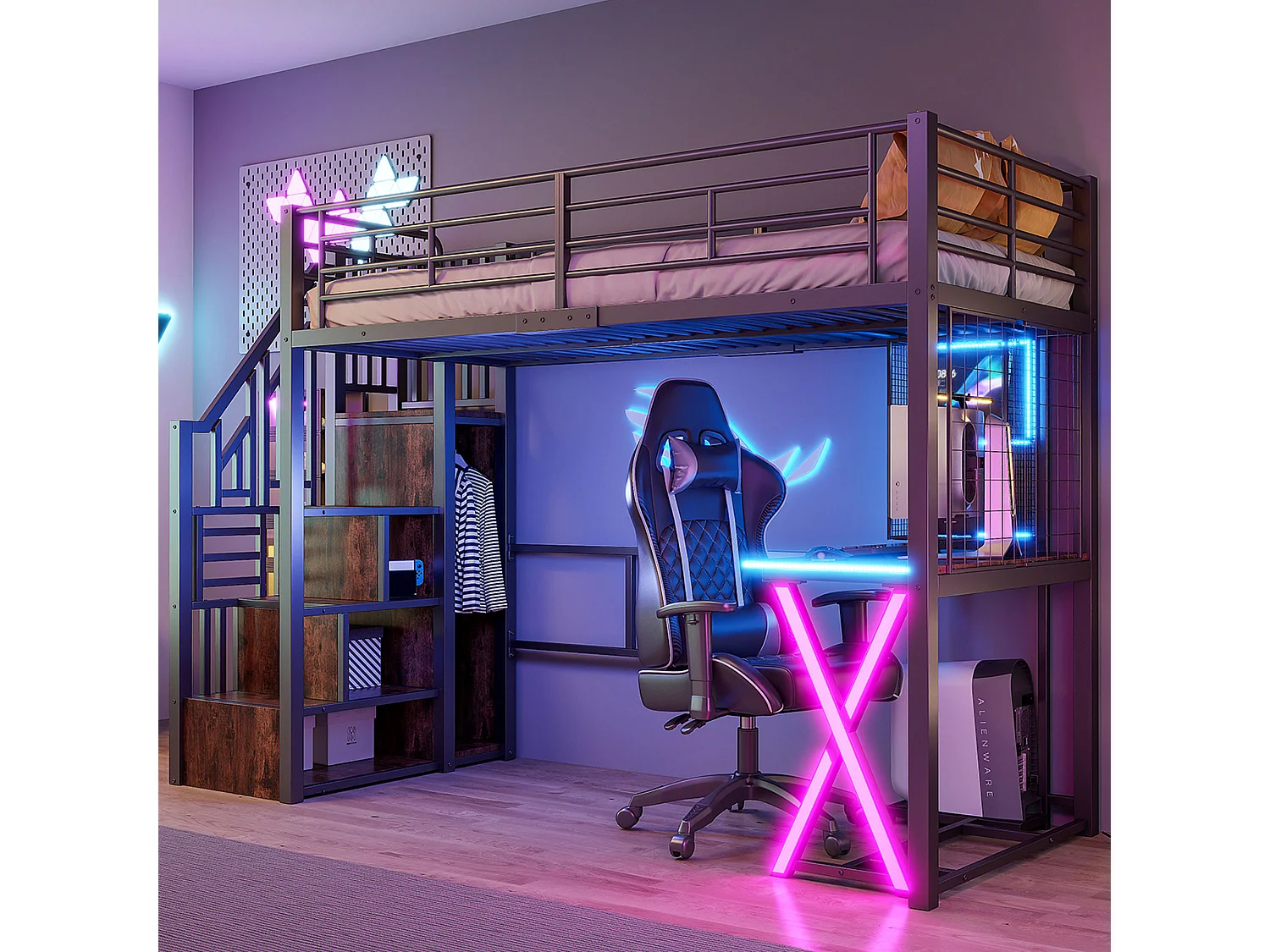 Lit mezzanine 90x200 cm en métal noir, avec LED, bureau, armoire, étagères et échelle intégrée