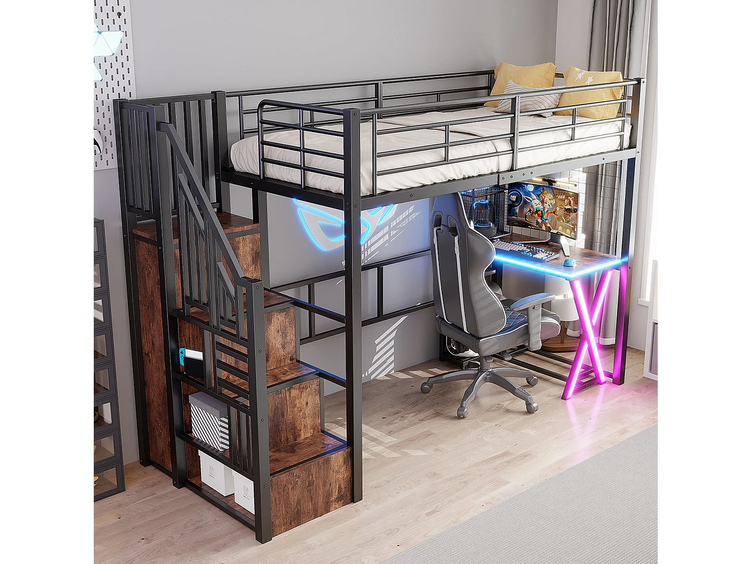 Lit mezzanine 90x200 cm en métal noir, avec LED, bureau, armoire, étagères et échelle intégrée