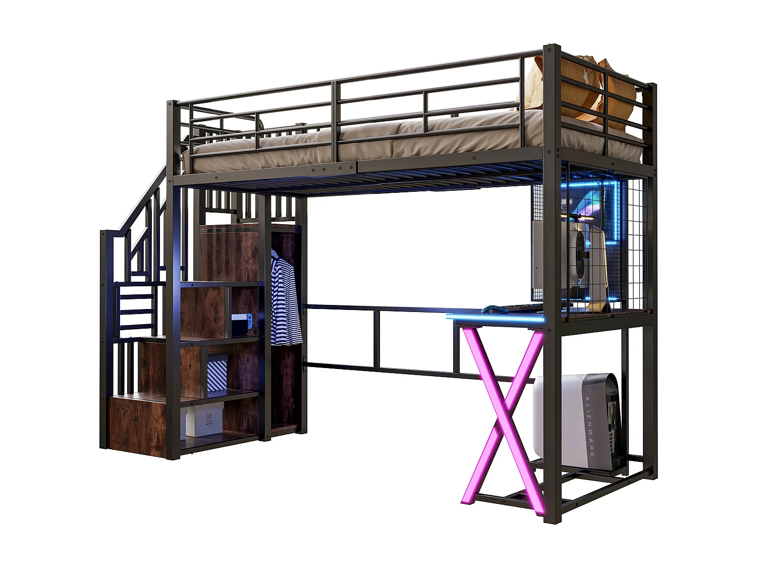 Lit mezzanine 90x200 cm en métal noir, avec LED, bureau, armoire, étagères et échelle intégrée