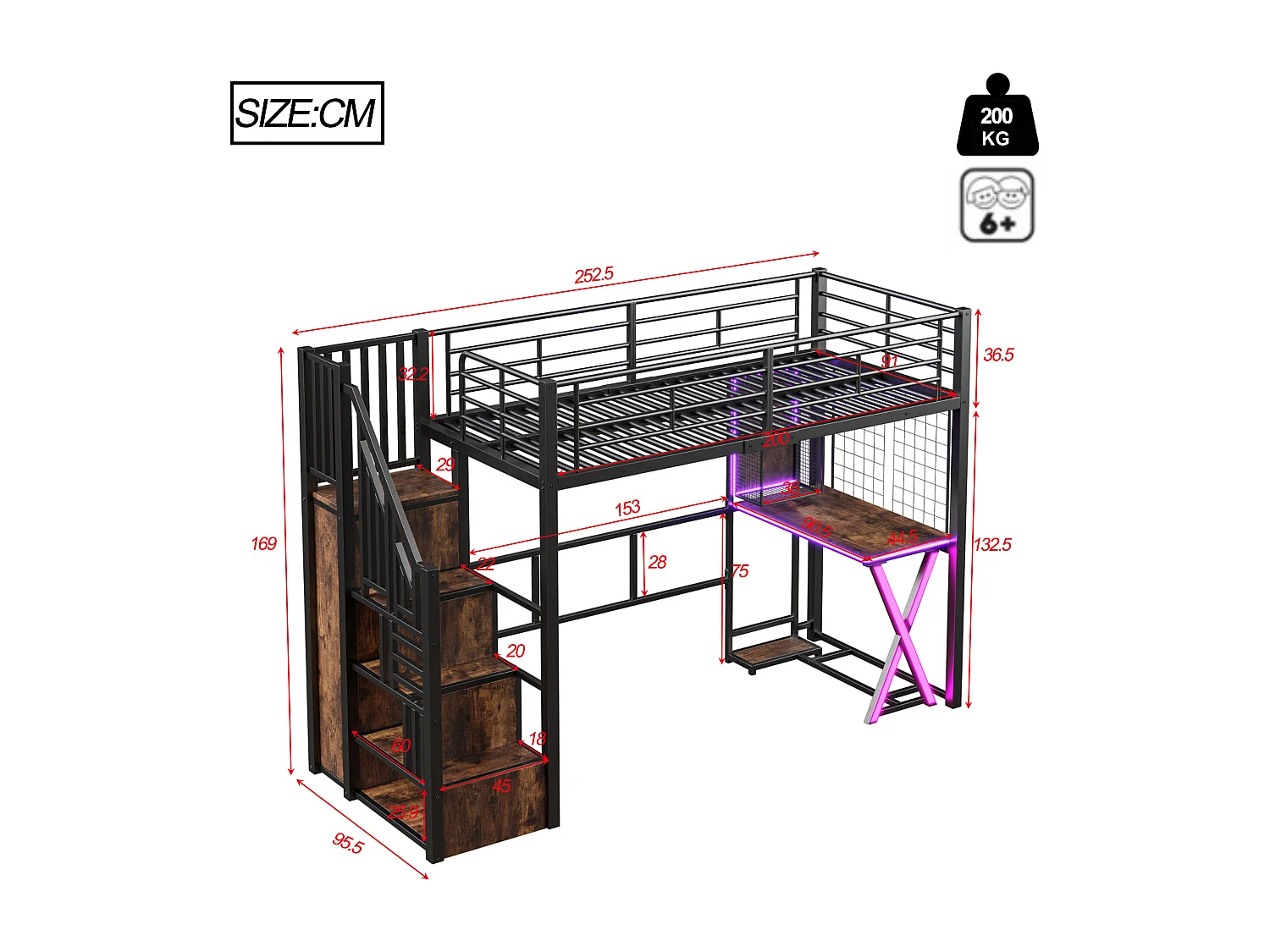 Lit mezzanine 90x200 cm en métal noir, avec LED, bureau, armoire, étagères et échelle intégrée