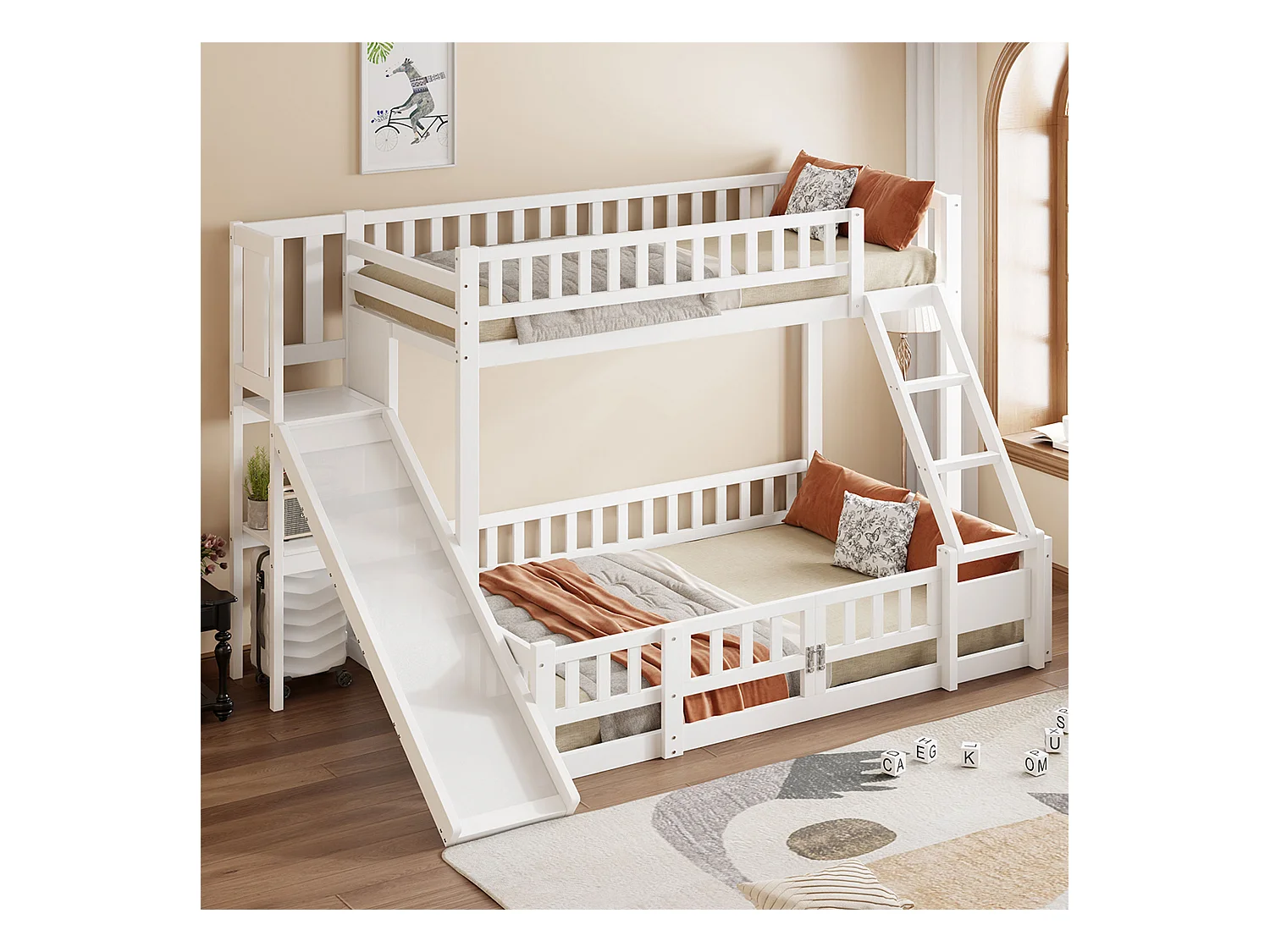Lit superposé 90x200 et 140x200 cm en bois de pin blanc, avec toboggan, escaliers, étagères et porte coulissante, certifié EN747