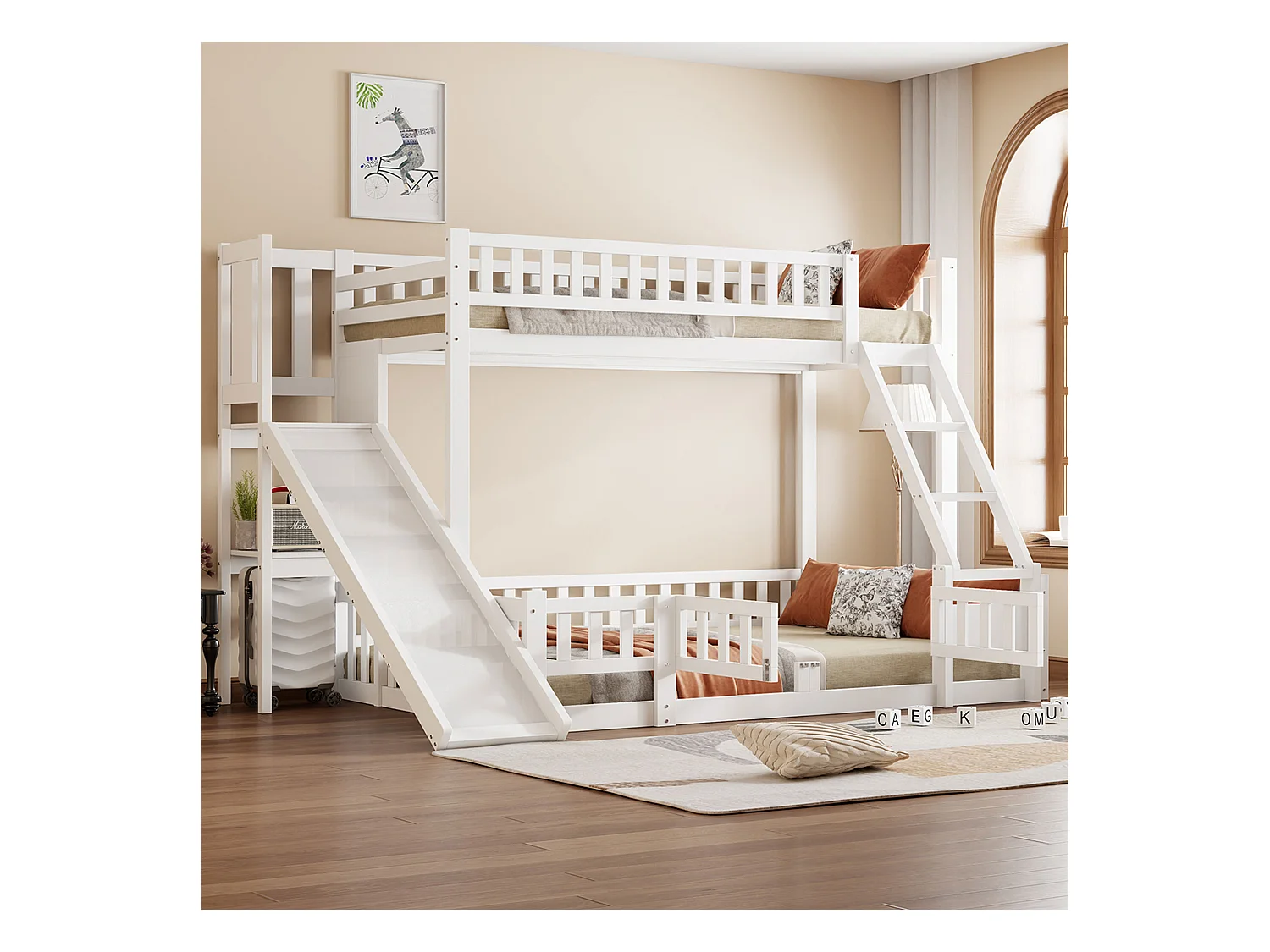Lit superposé 90x200 et 140x200 cm en bois de pin blanc, avec toboggan, escaliers, étagères et porte coulissante, certifié EN747