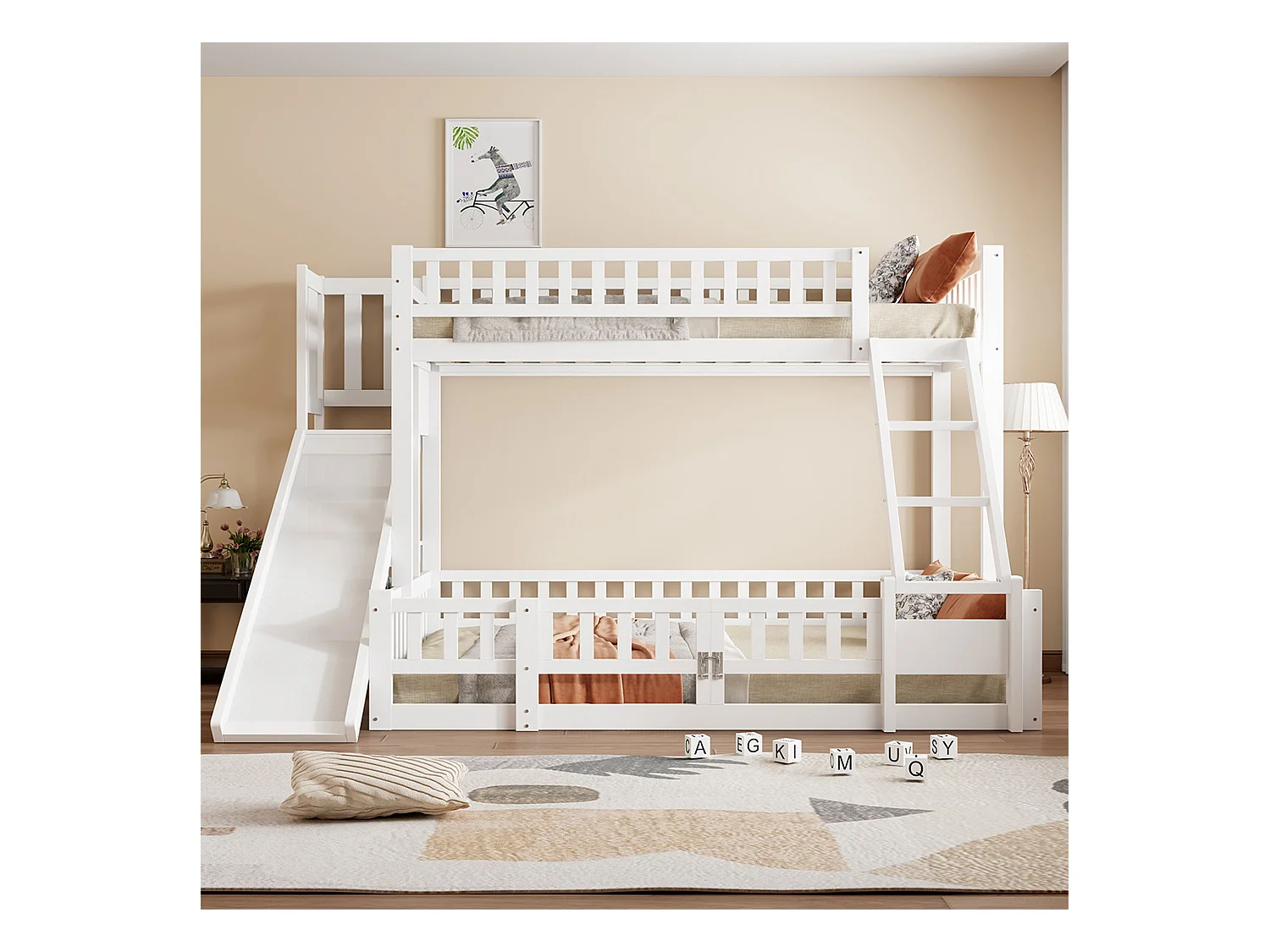 Lit superposé 90x200 et 140x200 cm en bois de pin blanc, avec toboggan, escaliers, étagères et porte coulissante, certifié EN747