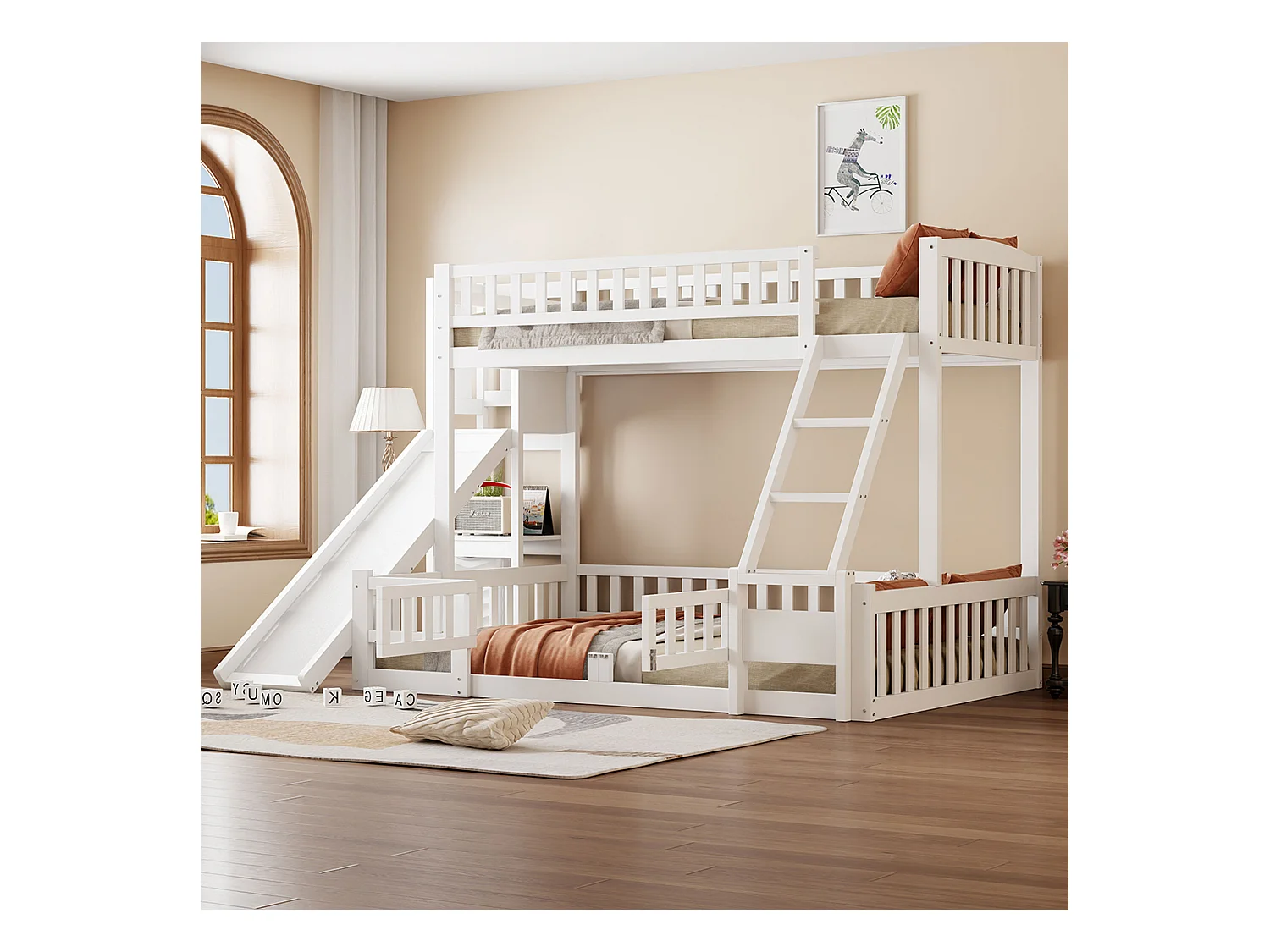 Lit superposé 90x200 et 140x200 cm en bois de pin blanc, avec toboggan, escaliers, étagères et porte coulissante, certifié EN747