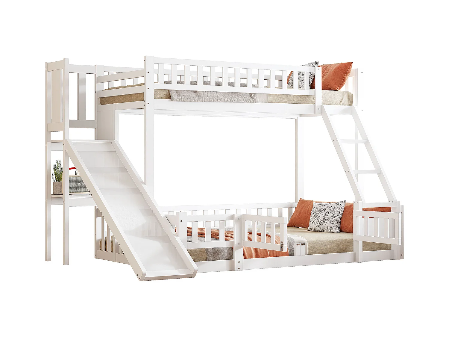 Lit superposé 90x200 et 140x200 cm en bois de pin blanc, avec toboggan, escaliers, étagères et porte coulissante, certifié EN747