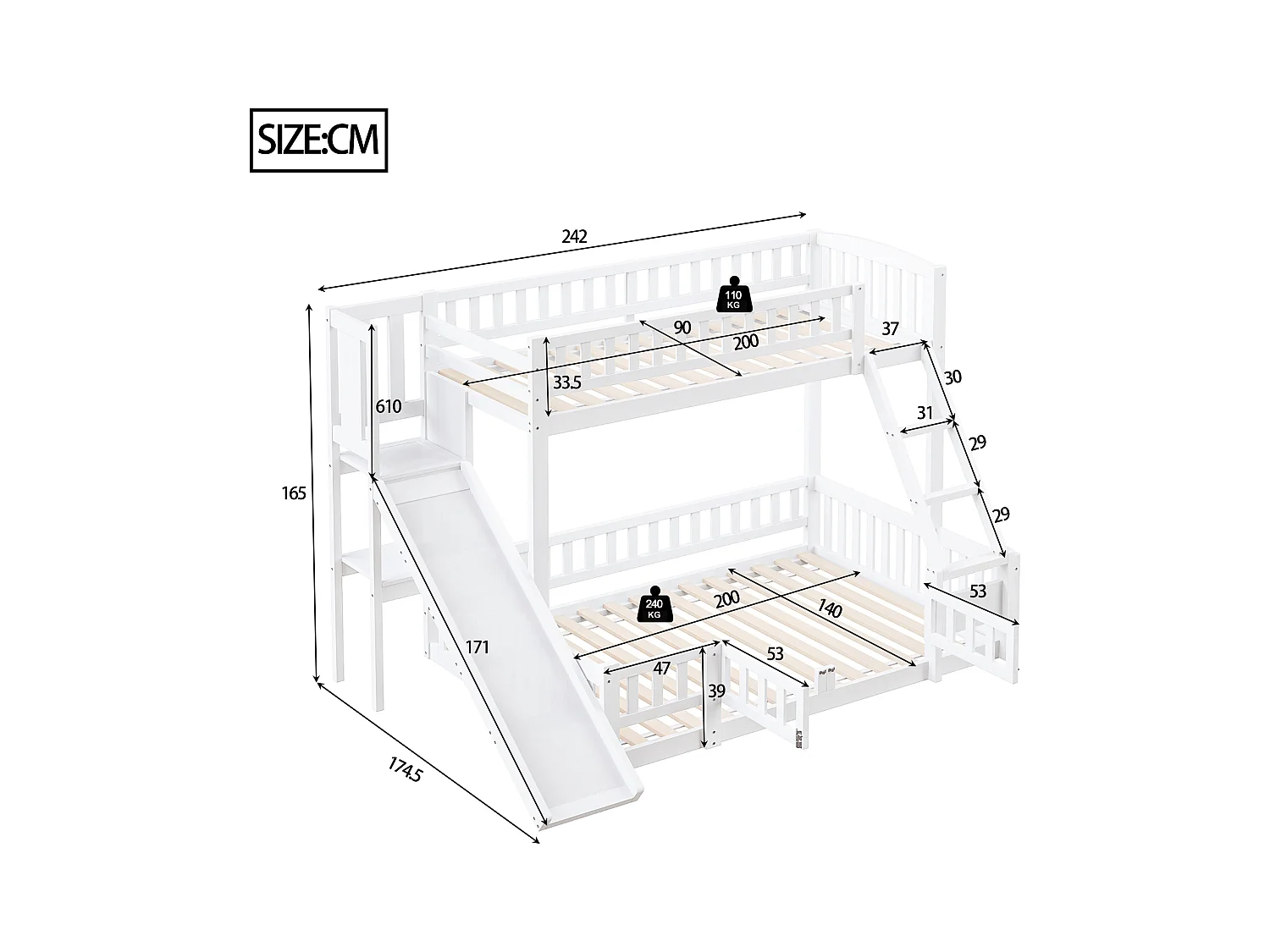 Lit superposé 90x200 et 140x200 cm en bois de pin blanc, avec toboggan, escaliers, étagères et porte coulissante, certifié EN747