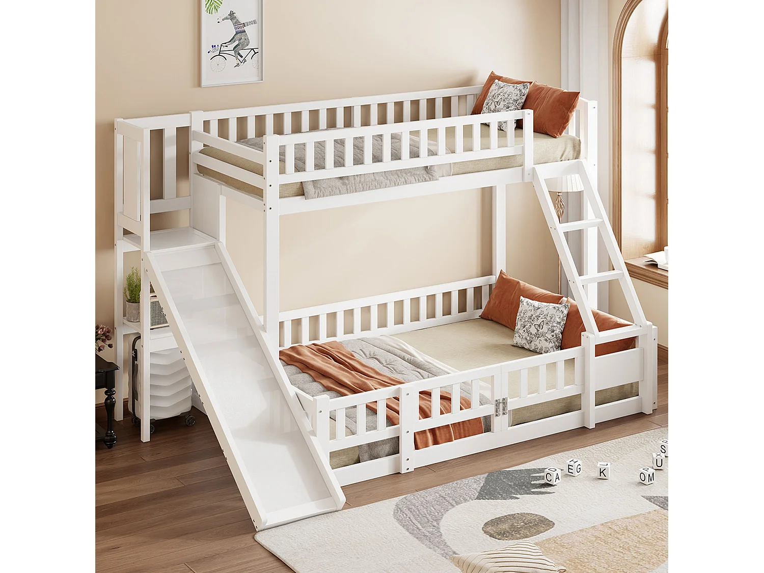 Lit superposé 90x200 et 140x200 cm en bois de pin blanc, avec toboggan, escaliers, étagères et porte coulissante, certifié EN747