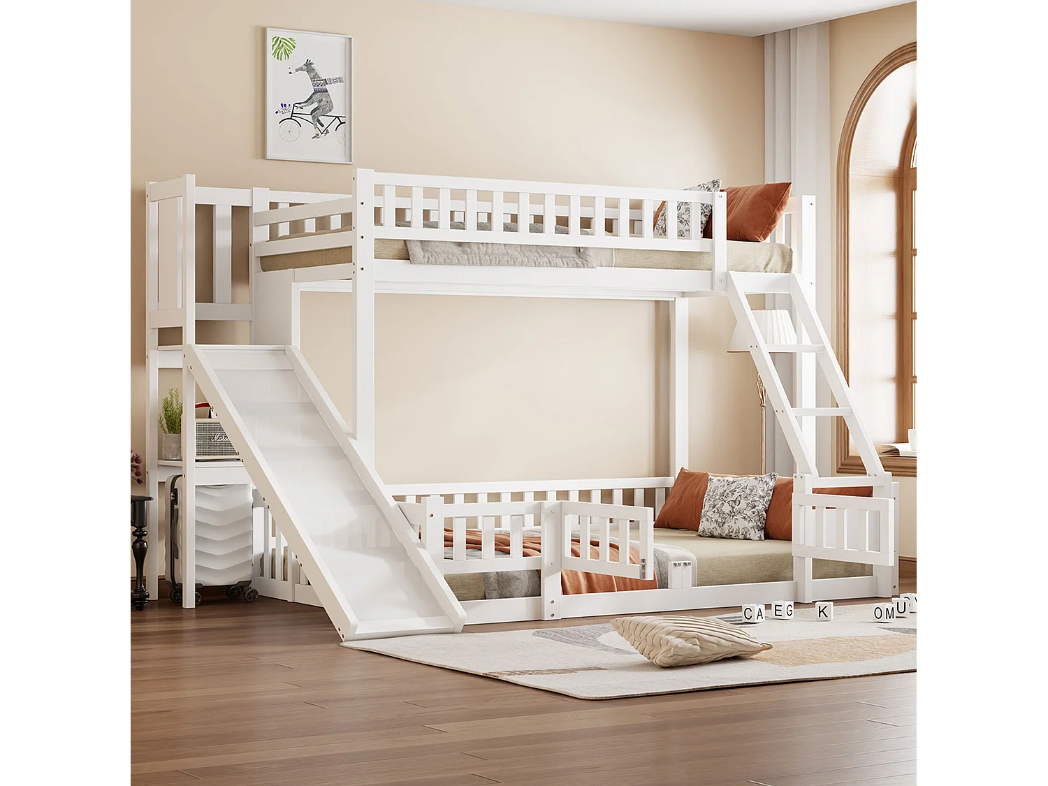 Lit superposé 90x200 et 140x200 cm en bois de pin blanc, avec toboggan, escaliers, étagères et porte coulissante, certifié EN747