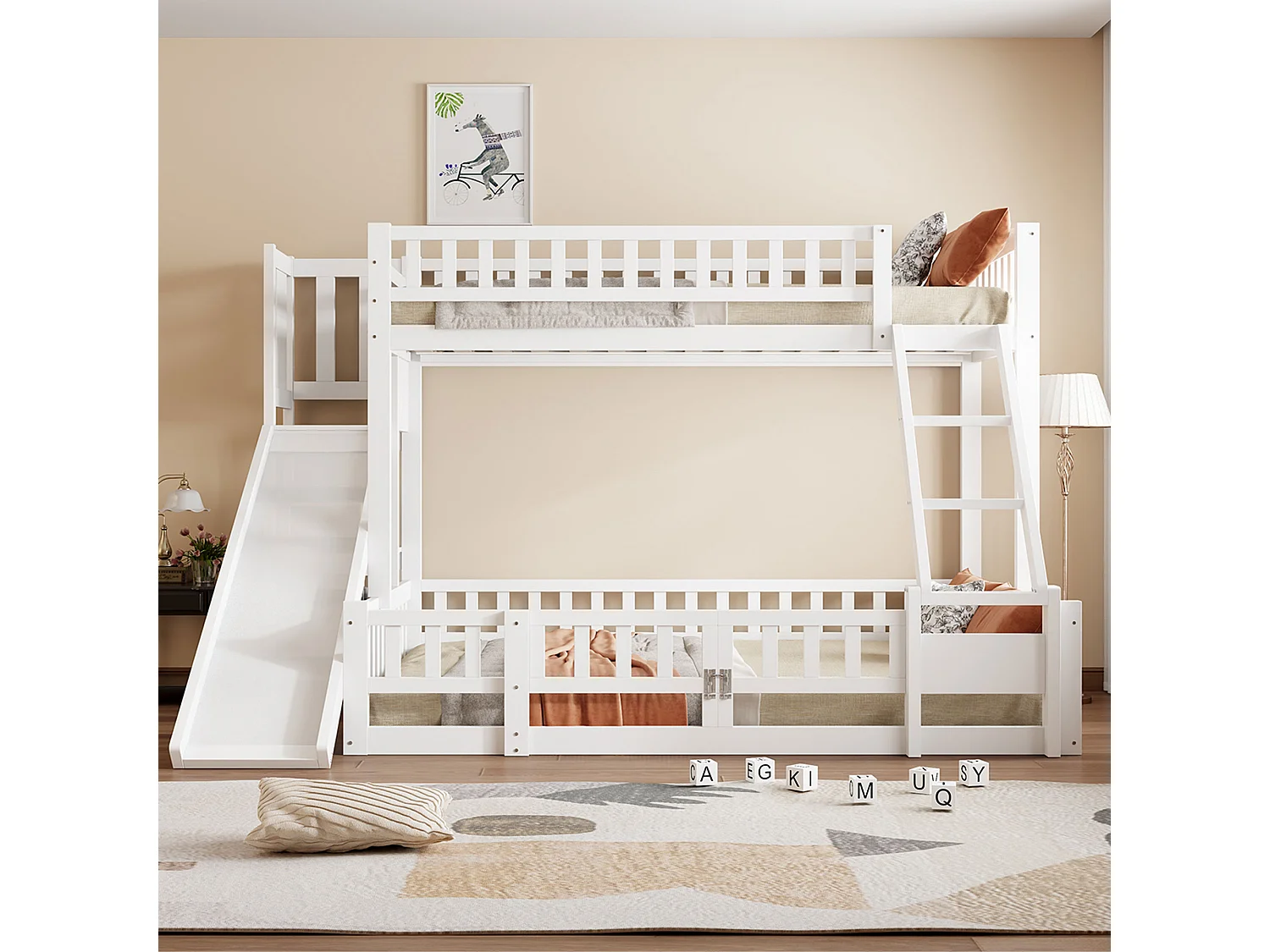 Lit superposé 90x200 et 140x200 cm en bois de pin blanc, avec toboggan, escaliers, étagères et porte coulissante, certifié EN747
