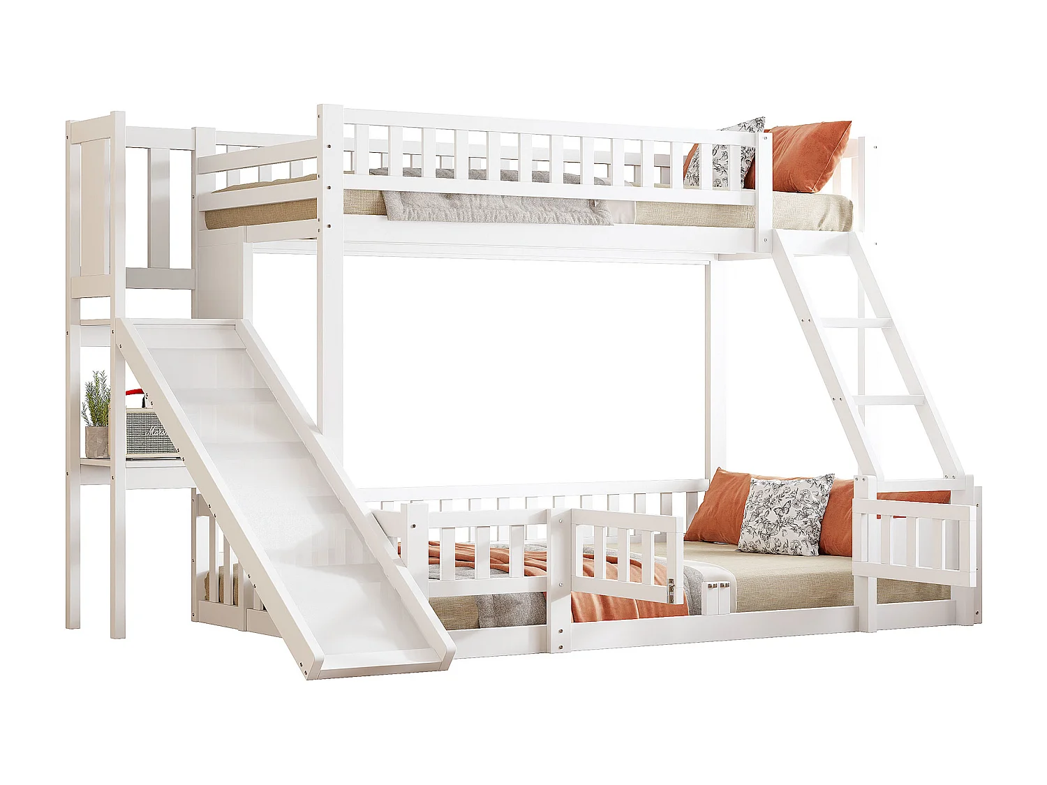 Lit superposé 90x200 et 140x200 cm en bois de pin blanc, avec toboggan, escaliers, étagères et porte coulissante, certifié EN747