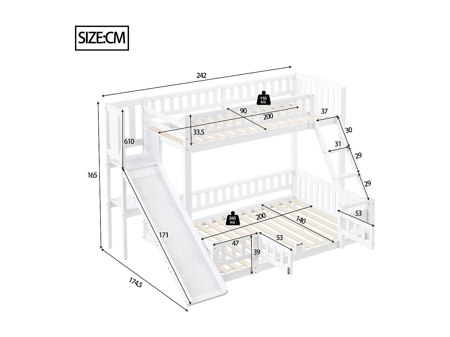 Lit superposé 90x200 et 140x200 cm en bois de pin blanc, avec toboggan, escaliers, étagères et porte coulissante, certifié EN747
