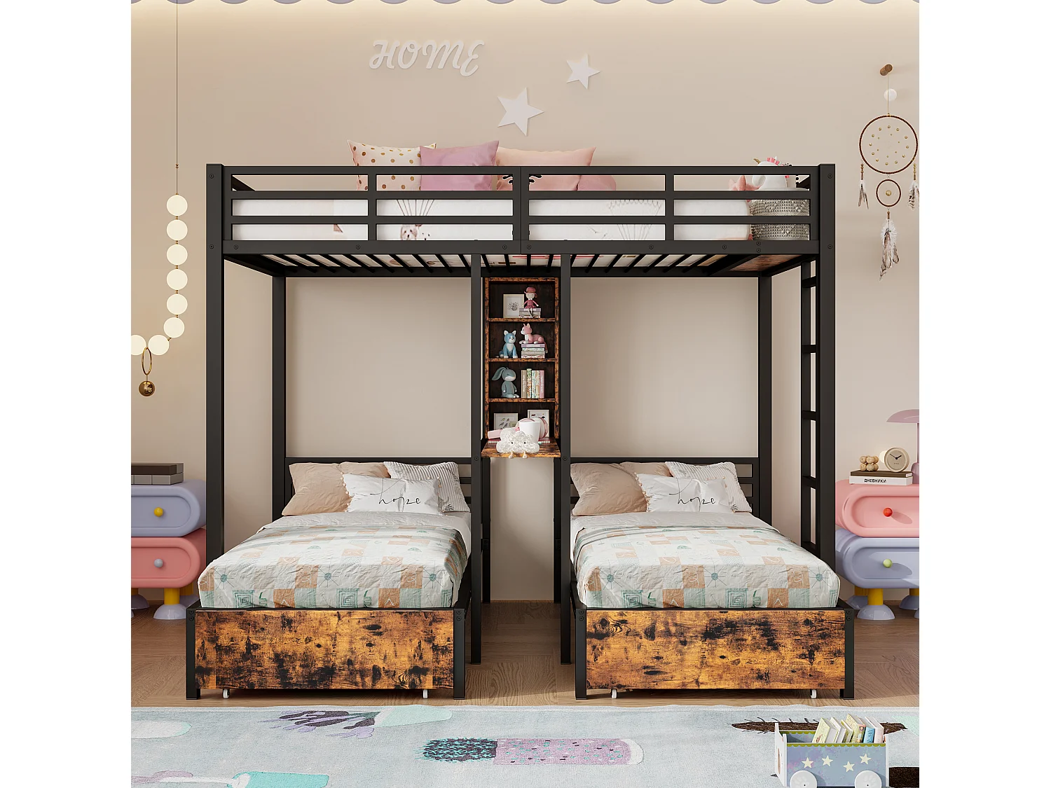 Lit superposé 140x200 cm + 90x200 cm, 3 lits, avec barrières latérales, espaces de rangement, 2 tiroirs, étagères, sans matelas, Noir