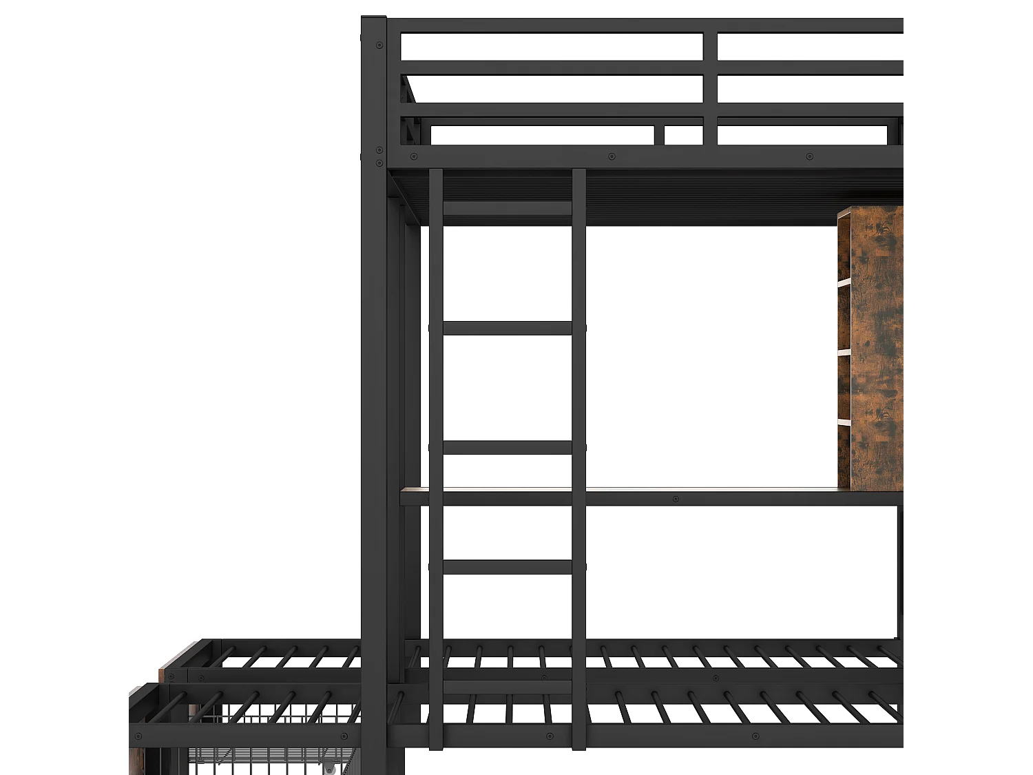 Lit superposé 140x200 cm + 90x200 cm, 3 lits, avec barrières latérales, espaces de rangement, 2 tiroirs, étagères, sans matelas, Noir