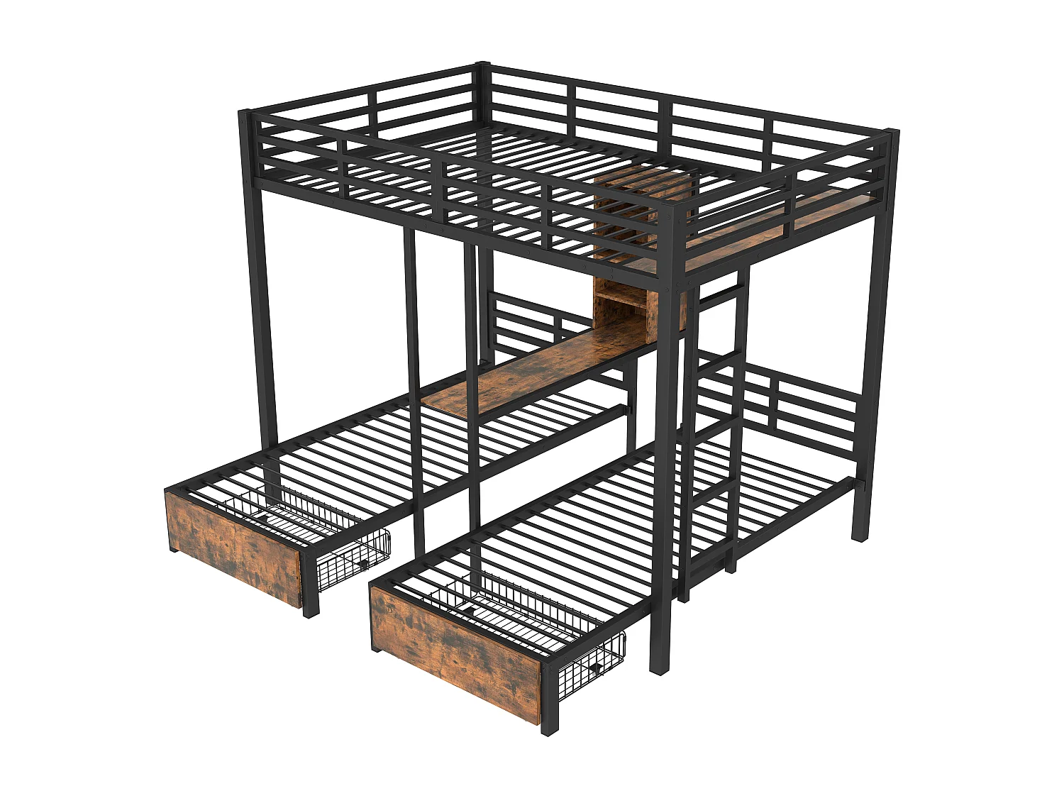 Lit superposé 140x200 cm + 90x200 cm, 3 lits, avec barrières latérales, espaces de rangement, 2 tiroirs, étagères, sans matelas, Noir