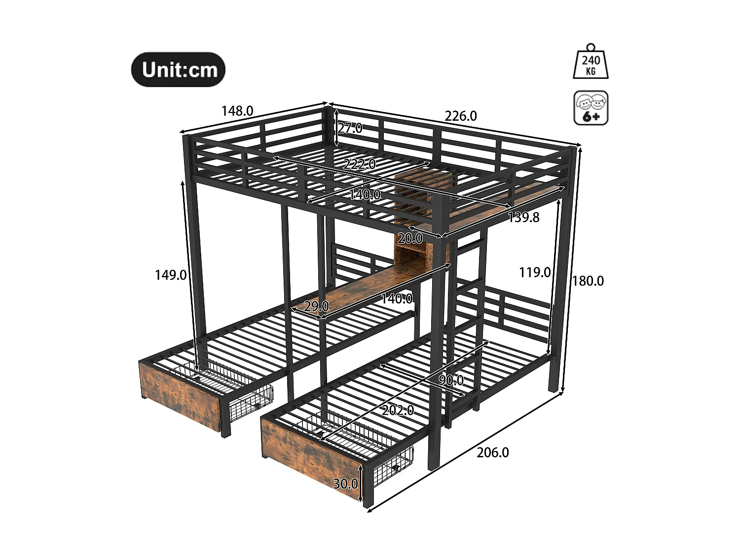 Lit superposé 140x200 cm + 90x200 cm, 3 lits, avec barrières latérales, espaces de rangement, 2 tiroirs, étagères, sans matelas, Noir