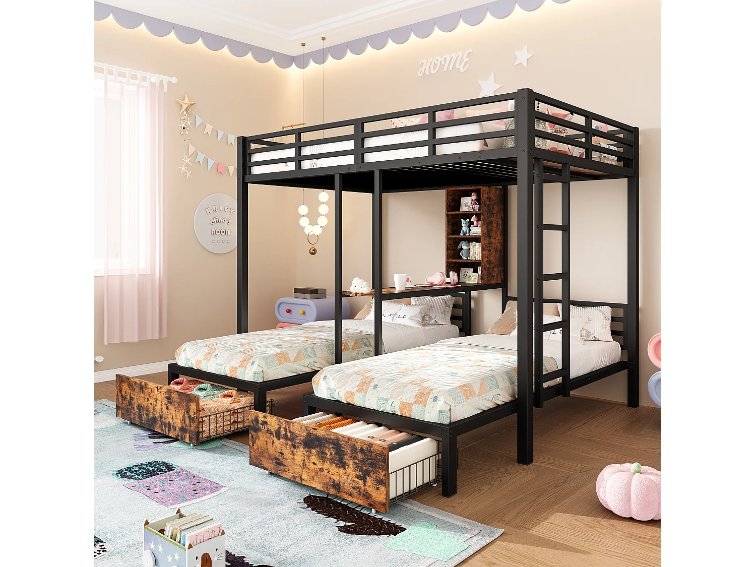 Lit superposé 140x200 cm + 90x200 cm, 3 lits, avec barrières latérales, espaces de rangement, 2 tiroirs, étagères, sans matelas, Noir