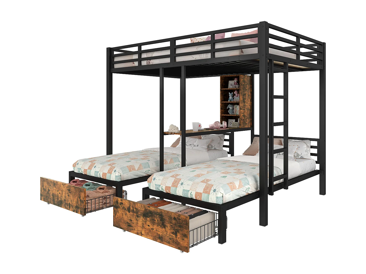 Lit superposé 140x200 cm + 90x200 cm, 3 lits, avec barrières latérales, espaces de rangement, 2 tiroirs, étagères, sans matelas, Noir