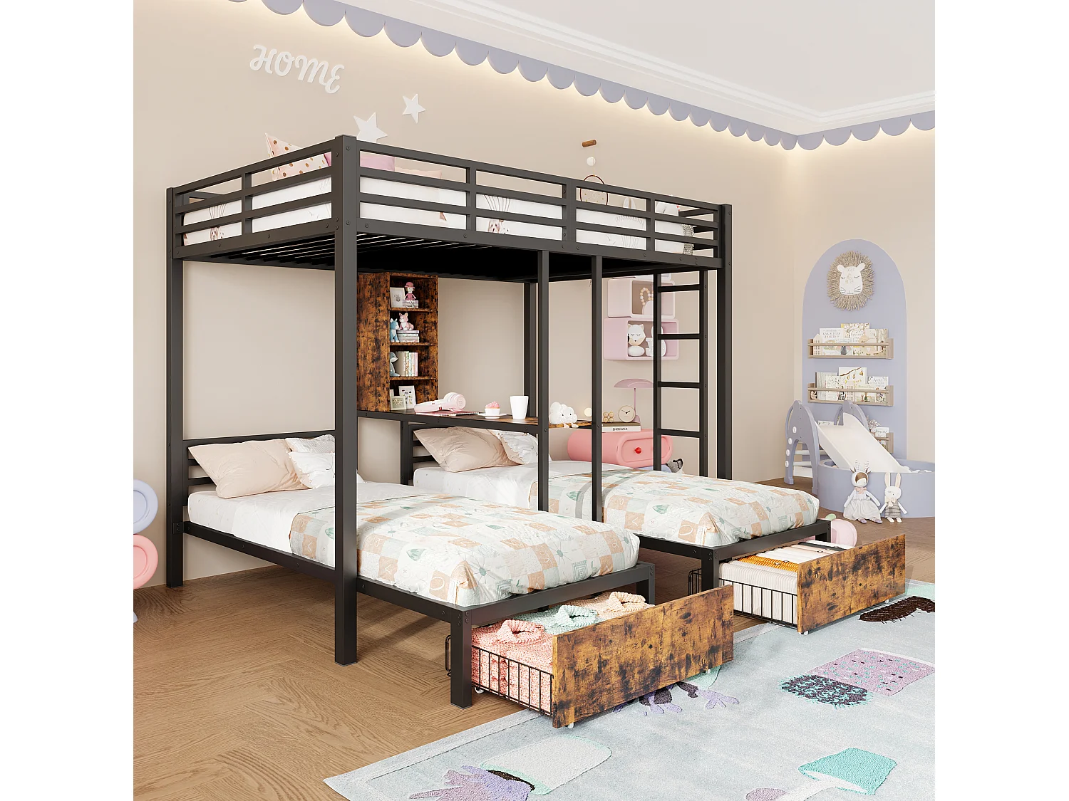 Lit superposé 140x200 cm + 90x200 cm, 3 lits, avec barrières latérales, espaces de rangement, 2 tiroirs, étagères, sans matelas, Noir