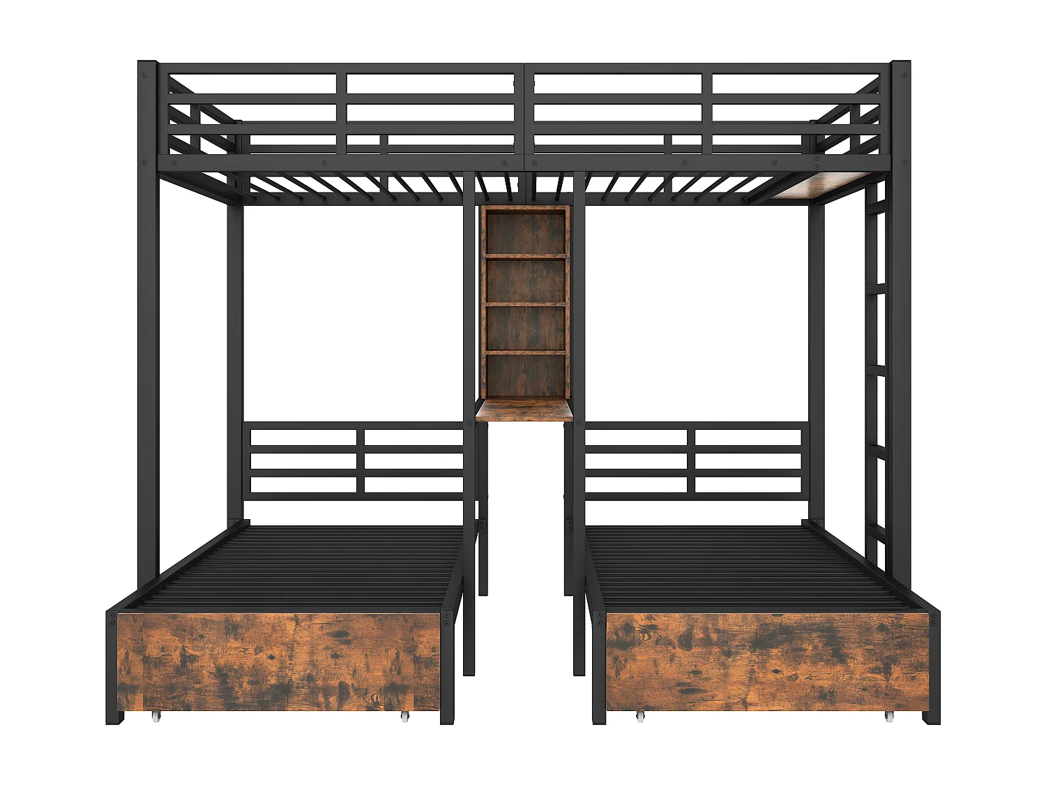 Lit superposé 140x200 cm + 90x200 cm, 3 lits, avec barrières latérales, espaces de rangement, 2 tiroirs, étagères, sans matelas, Noir