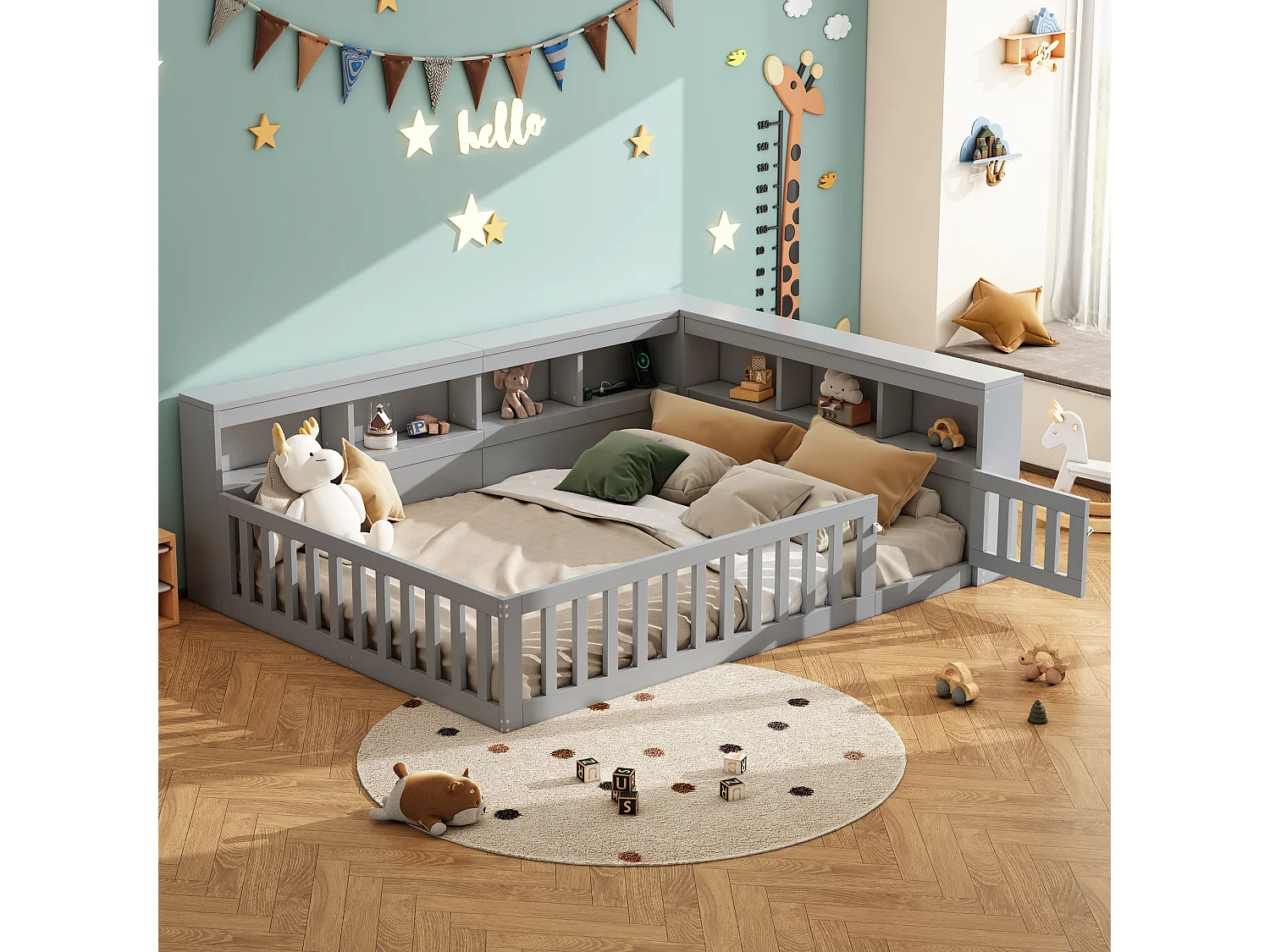 Daybed 140x190 cm, canapé-lit avec rangement latéral, sommier (sans matelas), rambarde, panneau de particules, prise + USB, Gris