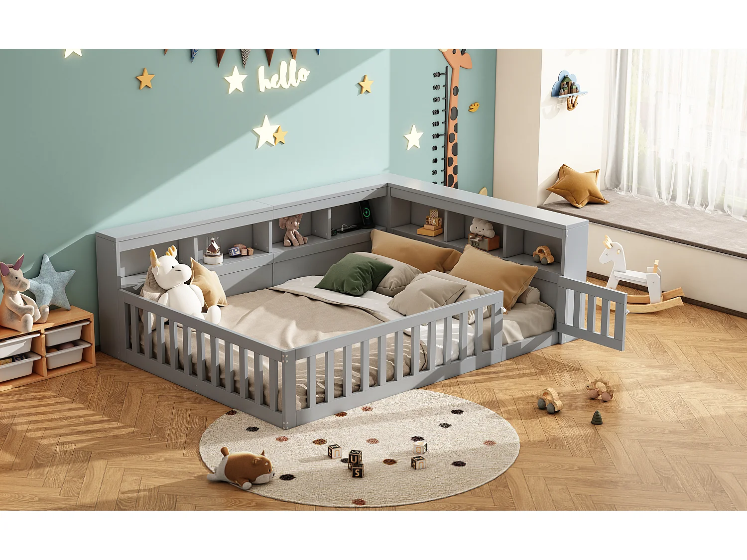 Daybed 140x190 cm, canapé-lit avec rangement latéral, sommier (sans matelas), rambarde, panneau de particules, prise + USB, Gris