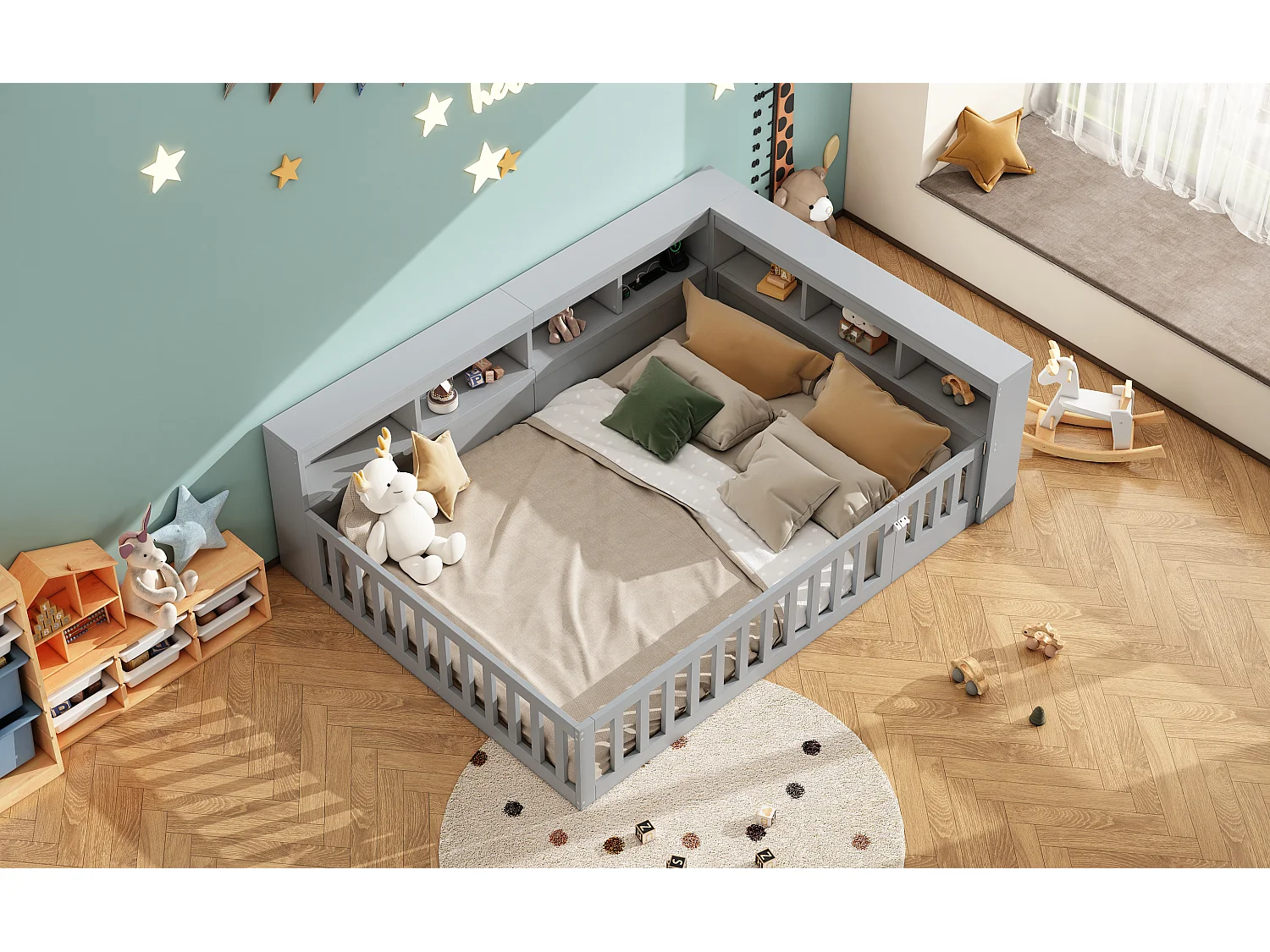 Daybed 140x190 cm, canapé-lit avec rangement latéral, sommier (sans matelas), rambarde, panneau de particules, prise + USB, Gris