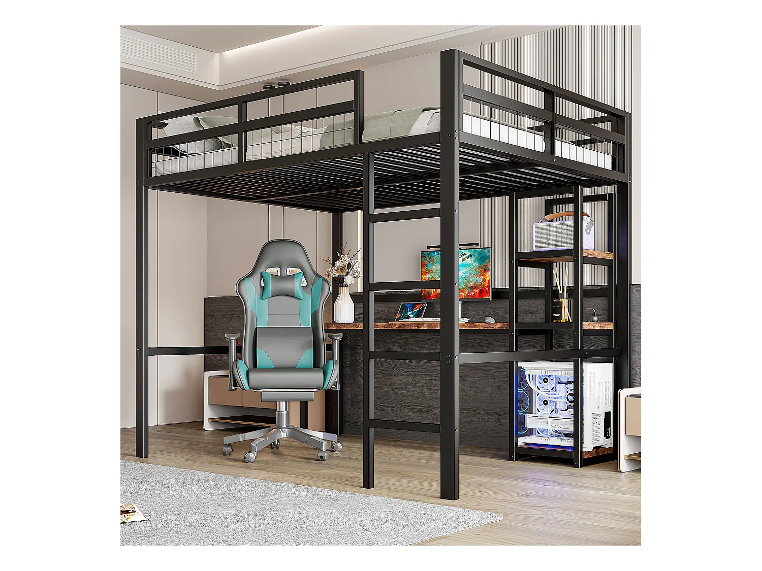 Lit mezzanine 140x200 cm, cadre métal, étagères, bureau avec prise et USB, échelle, sans matelas, Noir