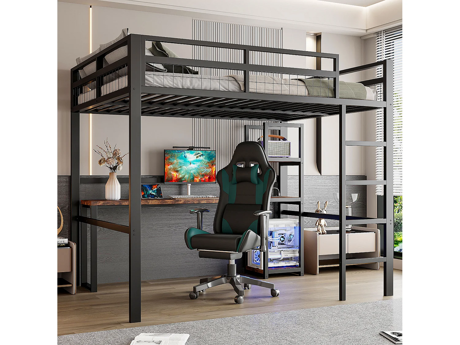 Lit mezzanine 140x200 cm, cadre métal, étagères, bureau avec prise et USB, échelle, sans matelas, Noir