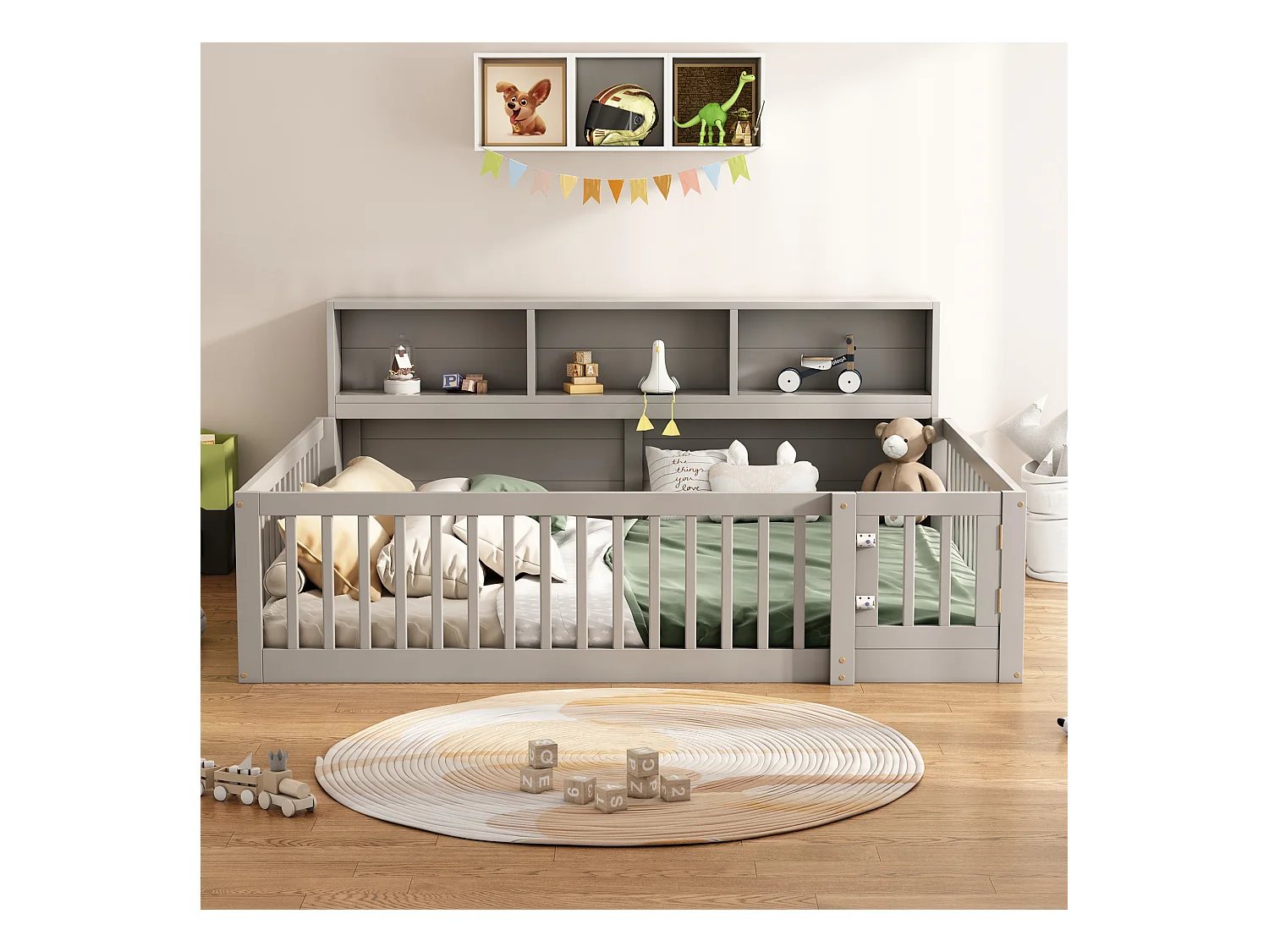 Canapé-lit 140x200 cm en bois de pin, avec espace de rangement latéral, sommier inclus et garde-corps, gris