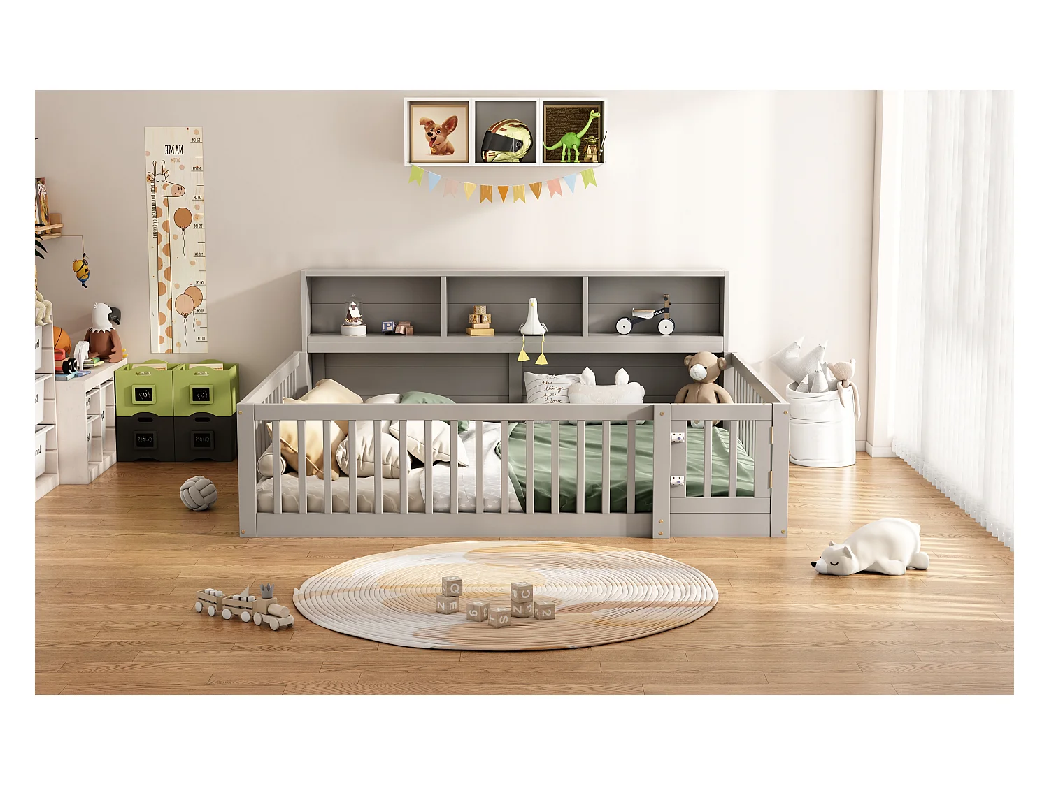 Canapé-lit 140x200 cm en bois de pin, avec espace de rangement latéral, sommier inclus et garde-corps, gris