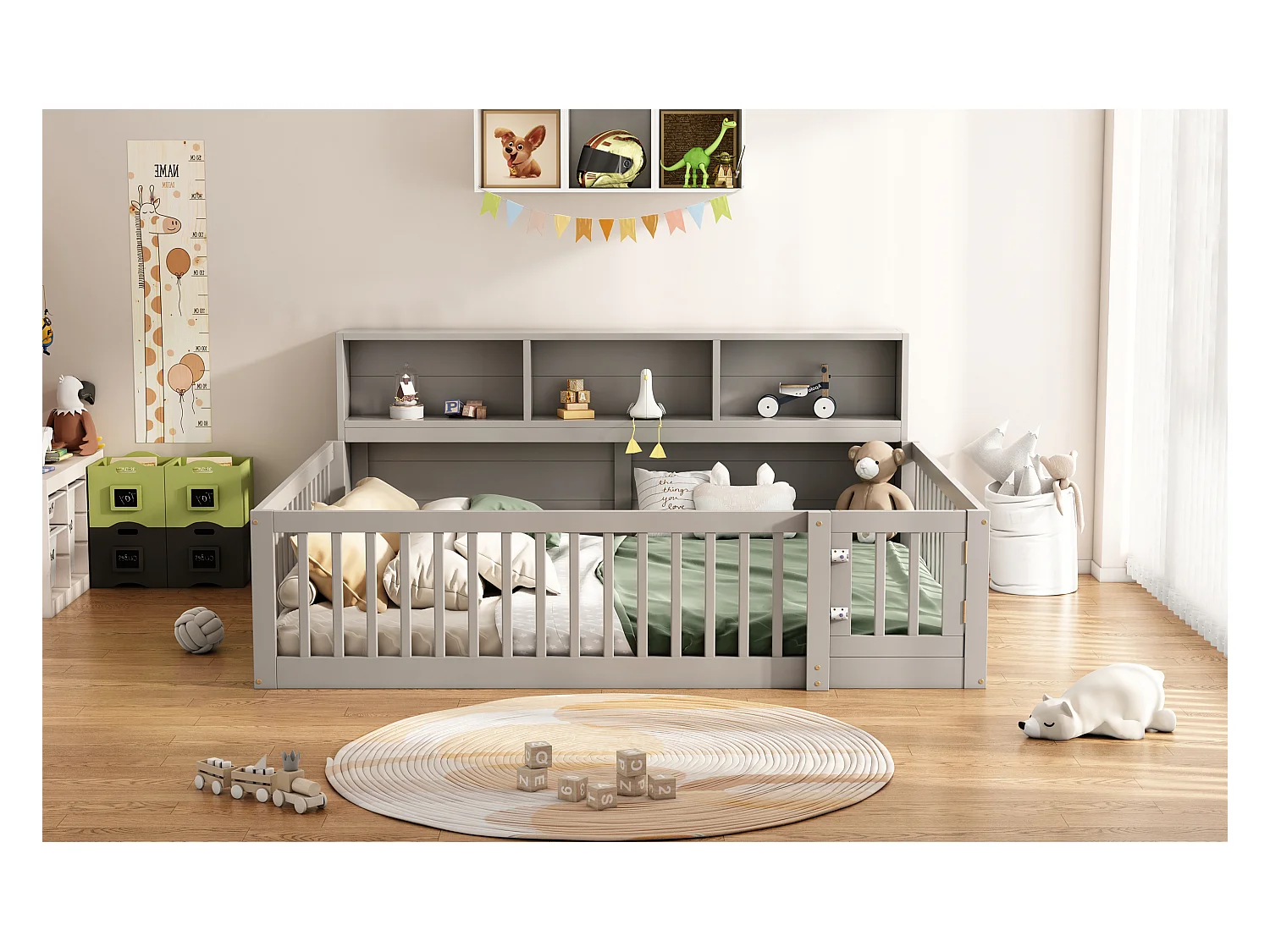 Canapé-lit 140x200 cm en bois de pin, avec espace de rangement latéral, sommier inclus et garde-corps, gris