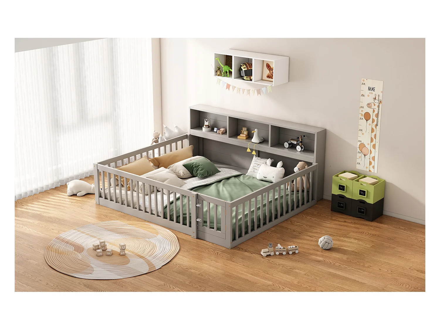 Canapé-lit 140x200 cm en bois de pin, avec espace de rangement latéral, sommier inclus et garde-corps, gris