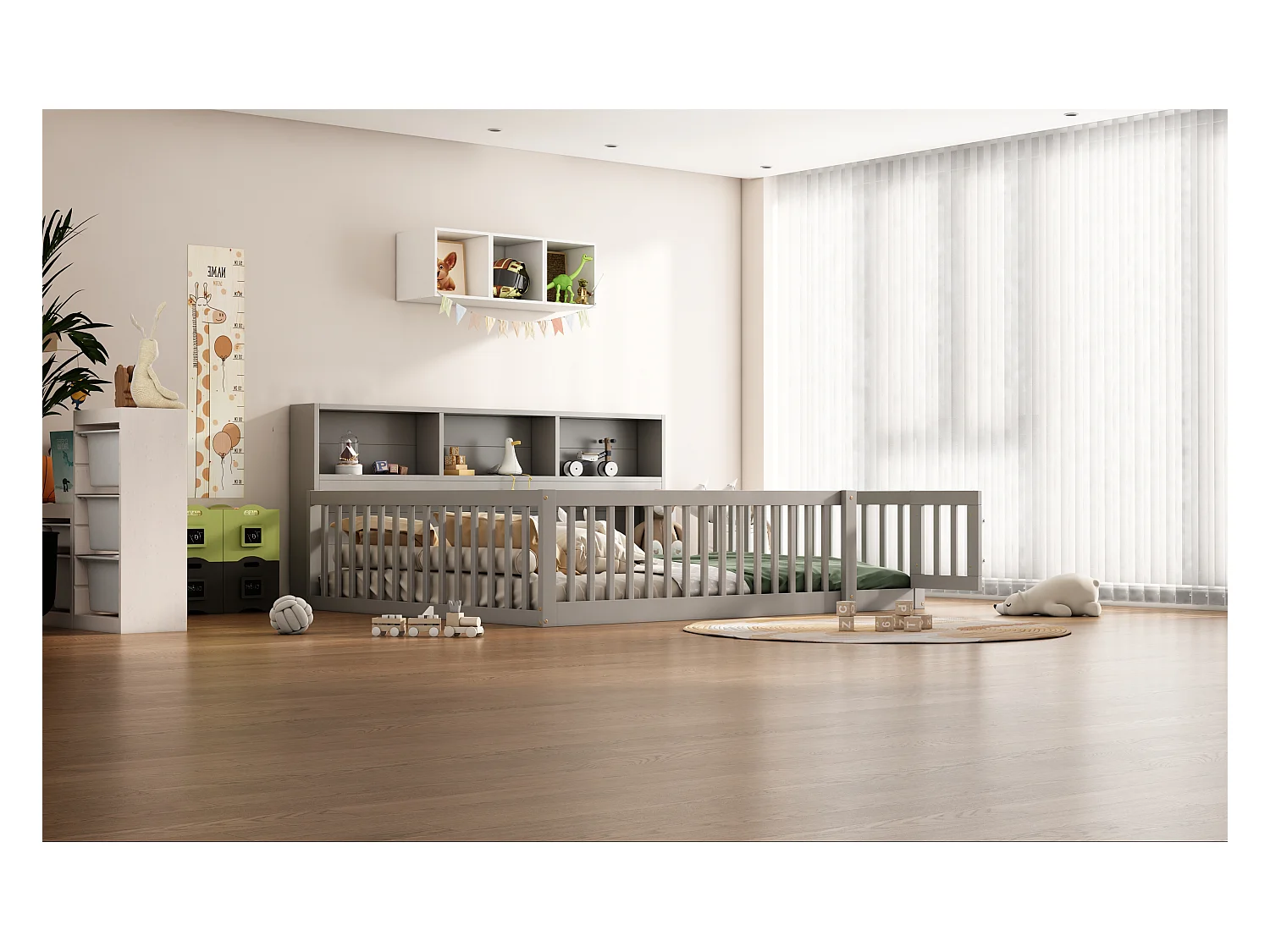 Canapé-lit 140x200 cm en bois de pin, avec espace de rangement latéral, sommier inclus et garde-corps, gris