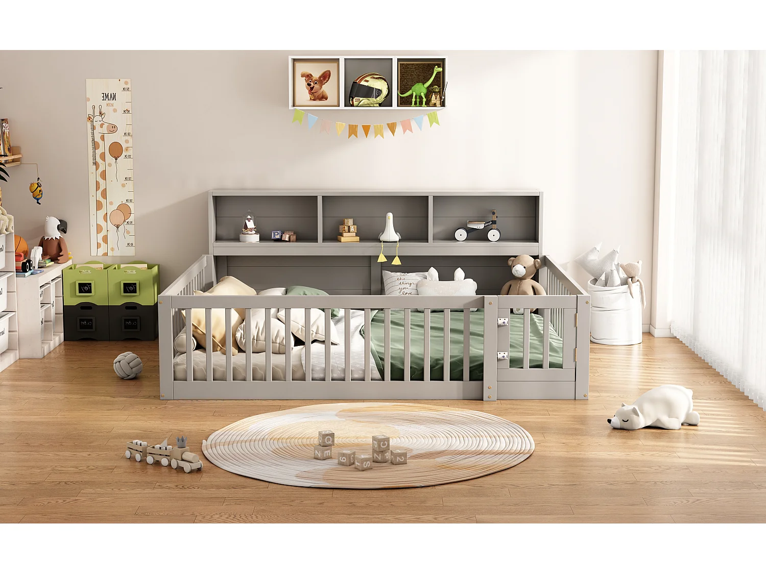 Canapé-lit 140x200 cm en bois de pin, avec espace de rangement latéral, sommier inclus et garde-corps, gris