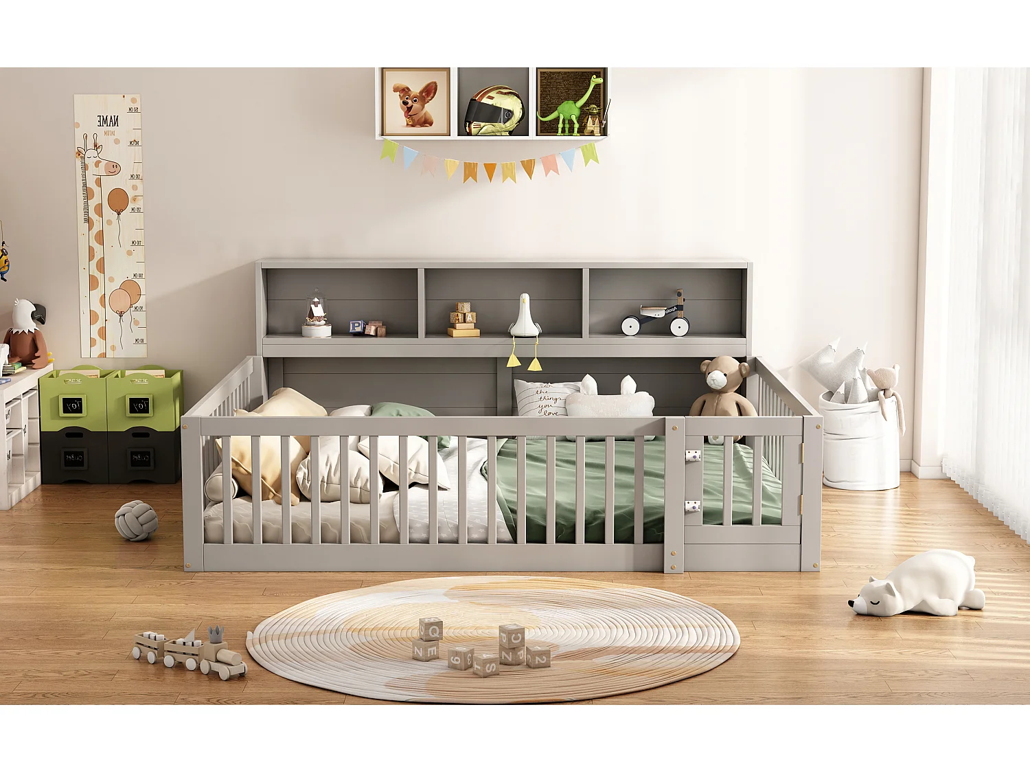 Canapé-lit 140x200 cm en bois de pin, avec espace de rangement latéral, sommier inclus et garde-corps, gris