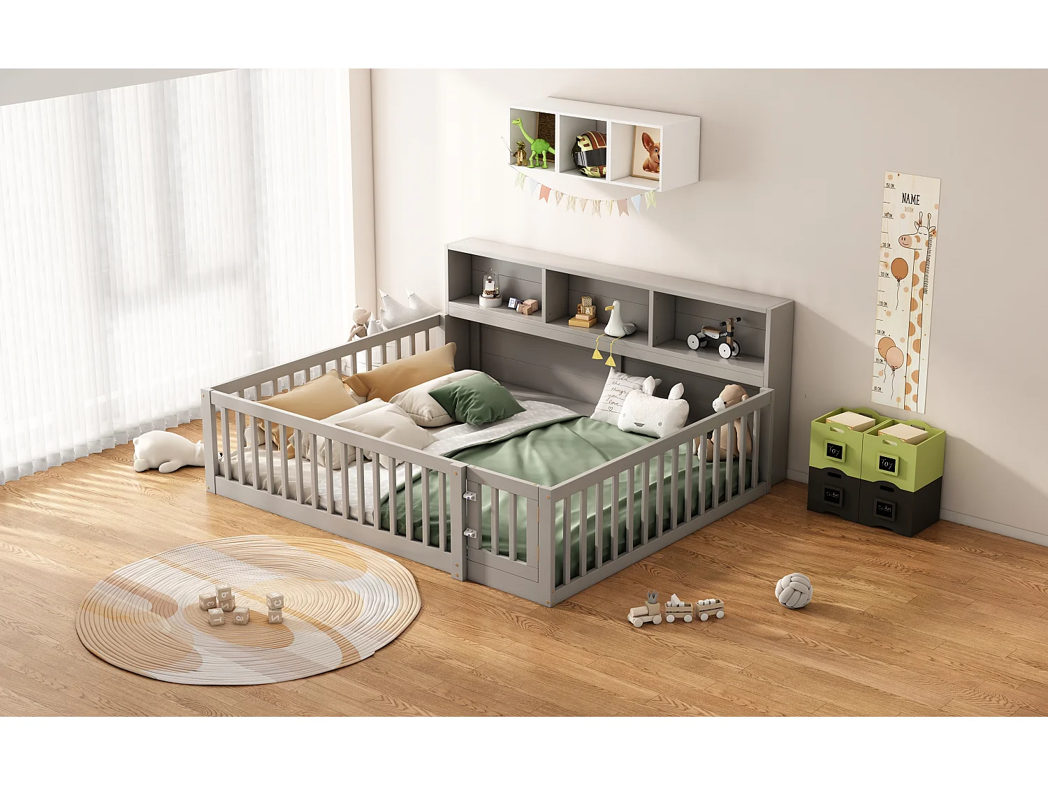 Canapé-lit 140x200 cm en bois de pin, avec espace de rangement latéral, sommier inclus et garde-corps, gris