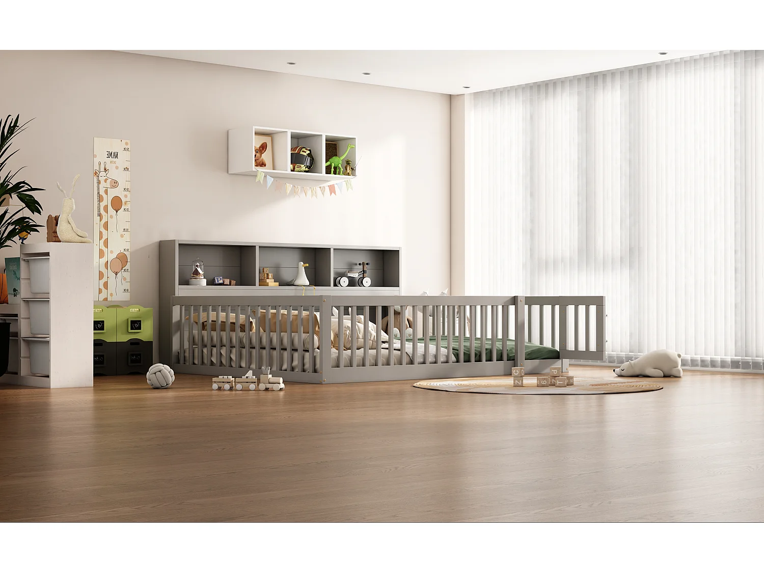 Canapé-lit 140x200 cm en bois de pin, avec espace de rangement latéral, sommier inclus et garde-corps, gris