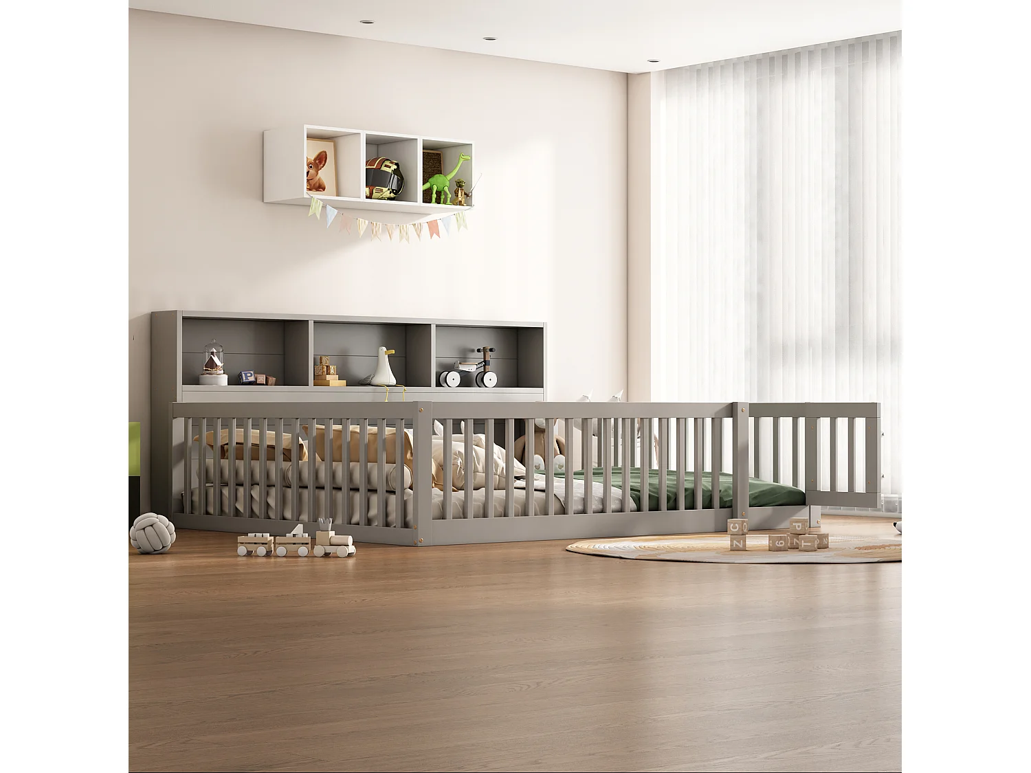 Canapé-lit 140x200 cm en bois de pin, avec espace de rangement latéral, sommier inclus et garde-corps, gris