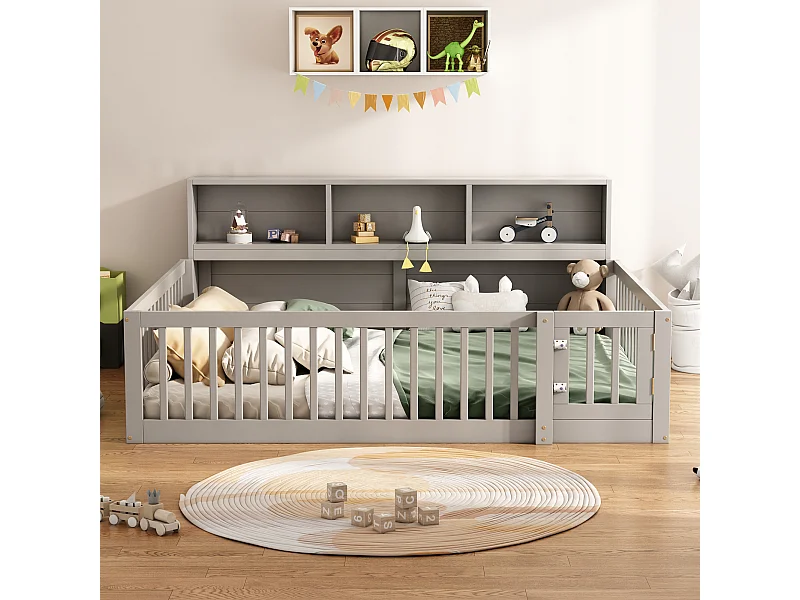 Canapé-lit 140x200 cm en bois de pin, avec espace de rangement latéral, sommier inclus et garde-corps, gris