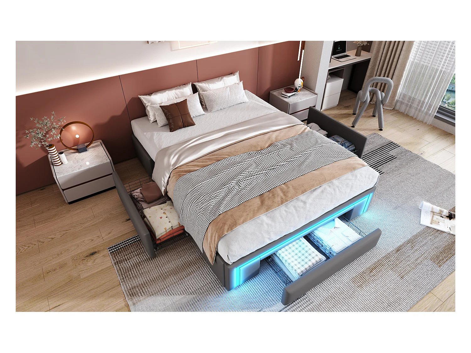 Lit 140×200 cm en simili cuir gris avec tiroirs et éclairage LED, cadre de lit moderne sans tête de lit