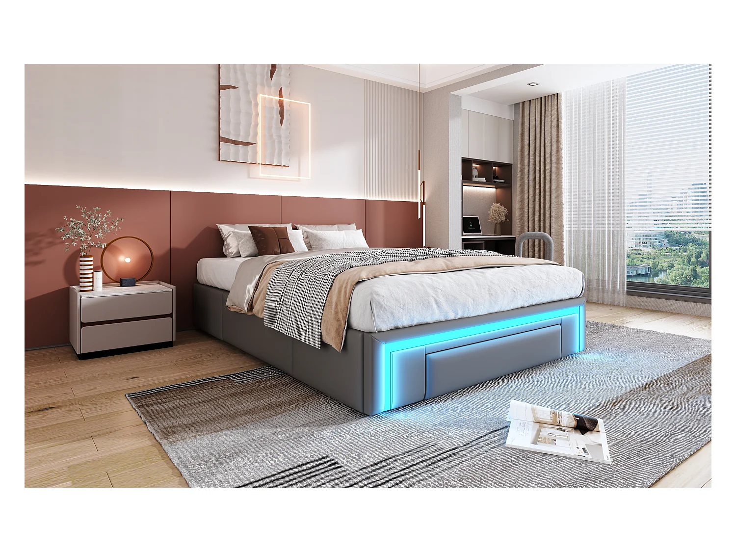 Lit 140×200 cm en simili cuir gris avec tiroirs et éclairage LED, cadre de lit moderne sans tête de lit